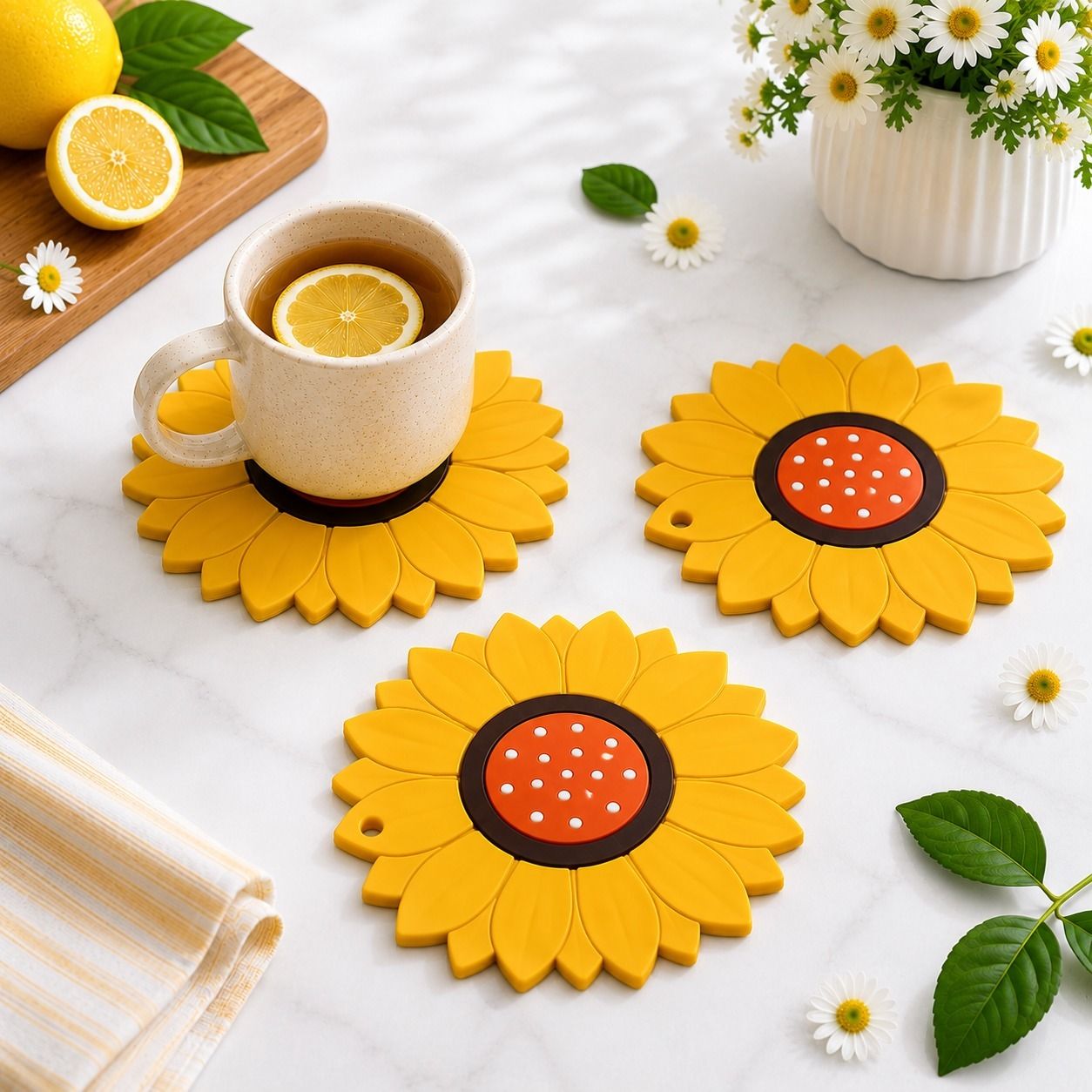 puno Yellow Silicon Sunflower Hot Mat Set Of 3 SunFlower Hot Mat Trivet-picture-14