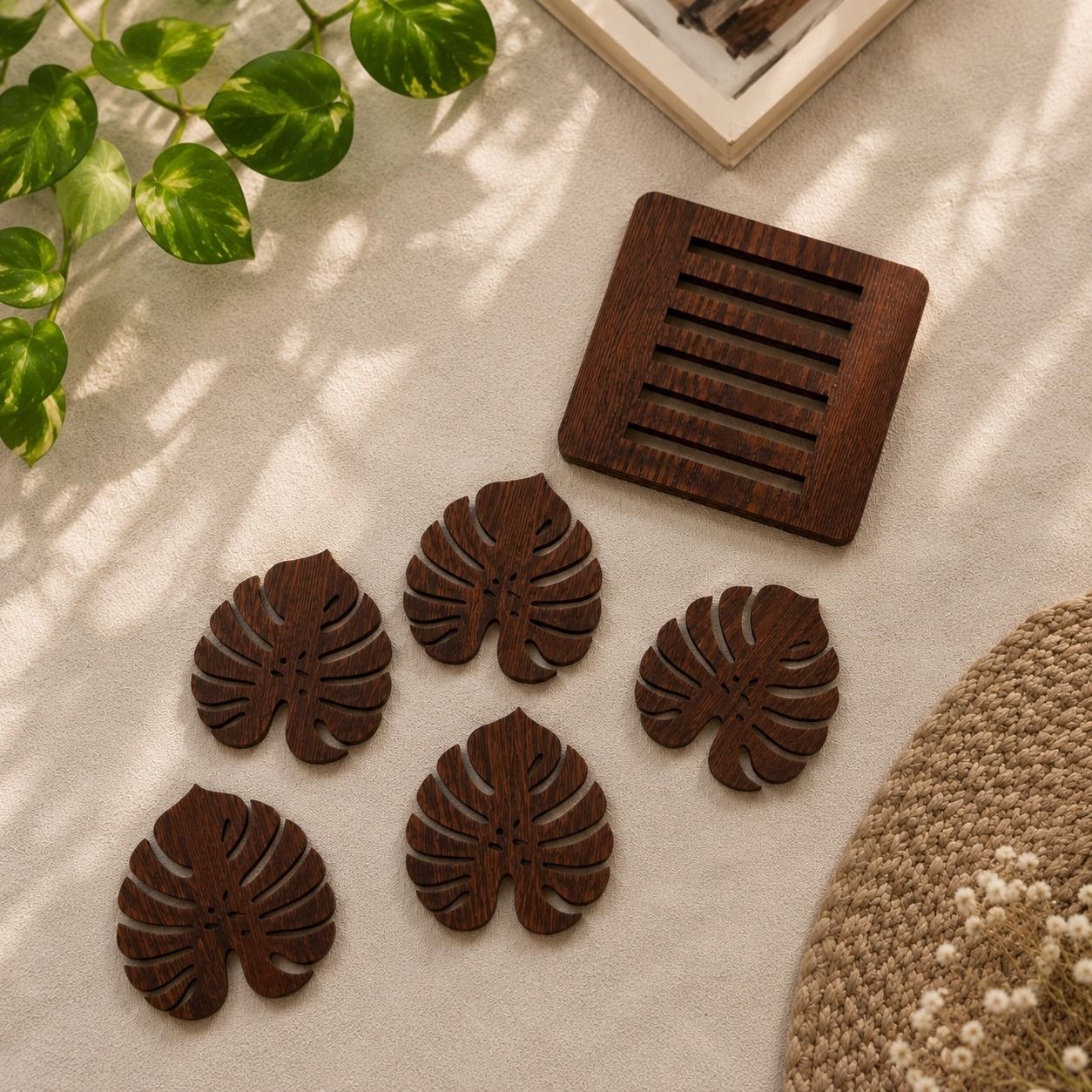 Hexagon Reversible Wood Coaster Set-image-27