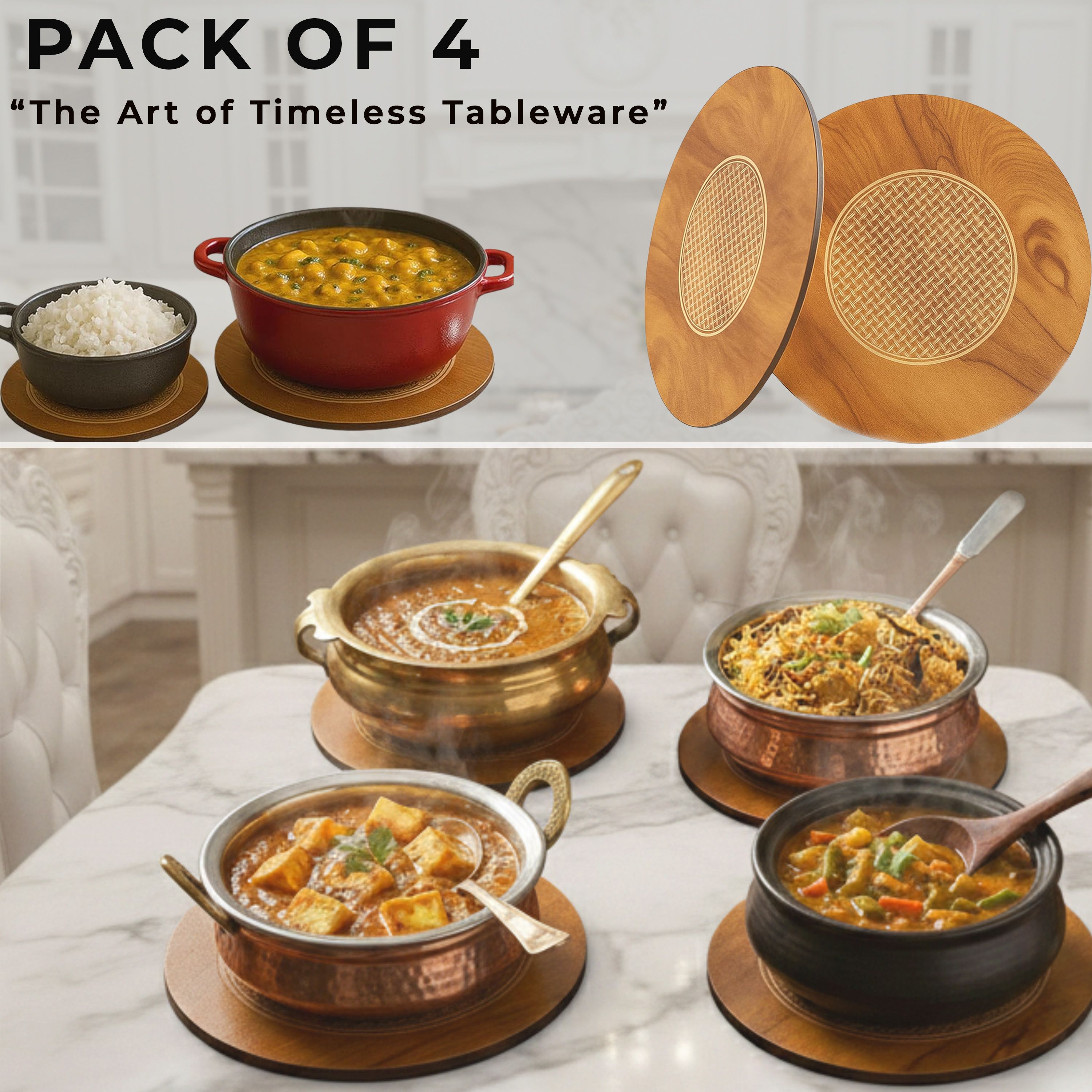 Premium Wooden Trivet Set, 20CM Heat Resistant Hot Pot Stand Table Protector Mat Laser Engraved Anti-Slip Coaster for Home Kitchen, Restaurant, Hotel & Café Trivet-image-6