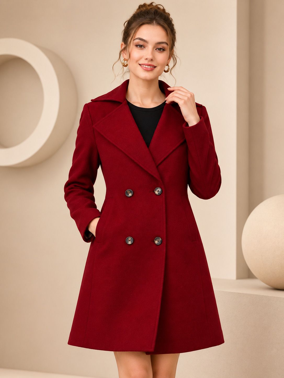 WOOL BLENDED Solid Coat For Women-image-6