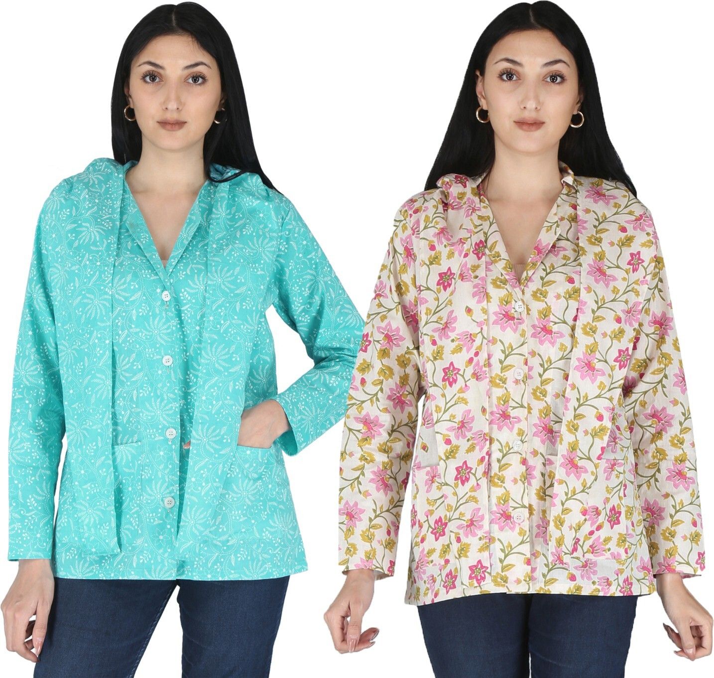 Cotton Floral Print Coat For Women