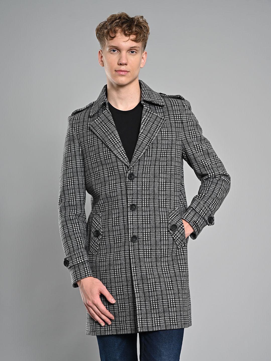 Polyester Viscose Blend Checkered Coat For Men