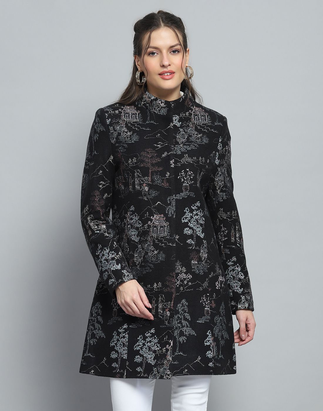 Wool Blend Self Design Coat For Women