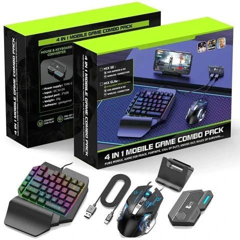4 in 1 Mobile Game Combo Pack with RGB Mini Gaming Keyboard & Mouse Exclusive Edition with Game Add-On