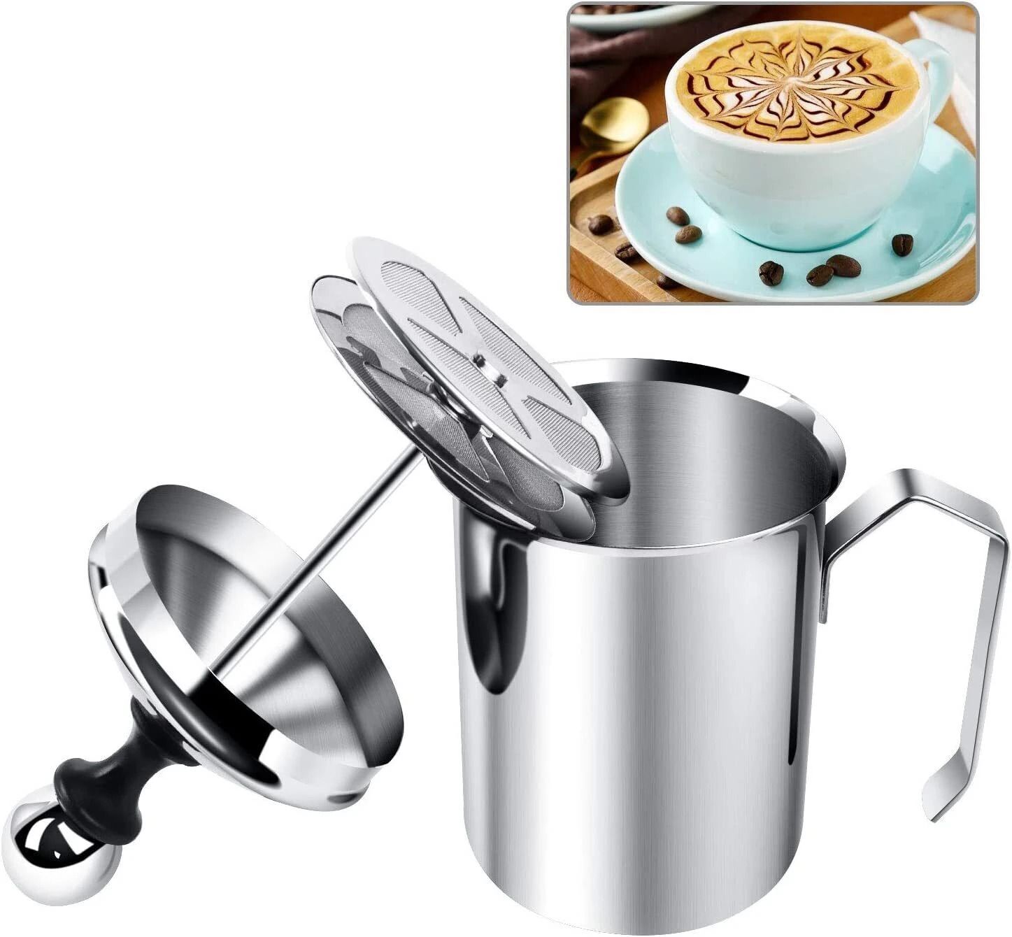 Stainless Steel Milk Frother Coffee Frother Blender-Manual Coffee Beater 2 Cups Coffee Maker