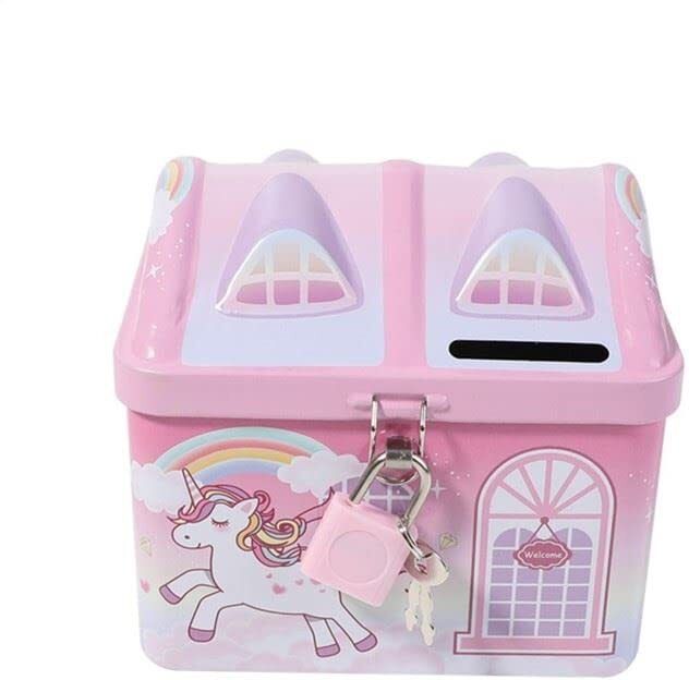 Unicorn Printed Metal Piggy Bank With Secure Lock & Keys For Kids, House Shaped Cash Box-image-18