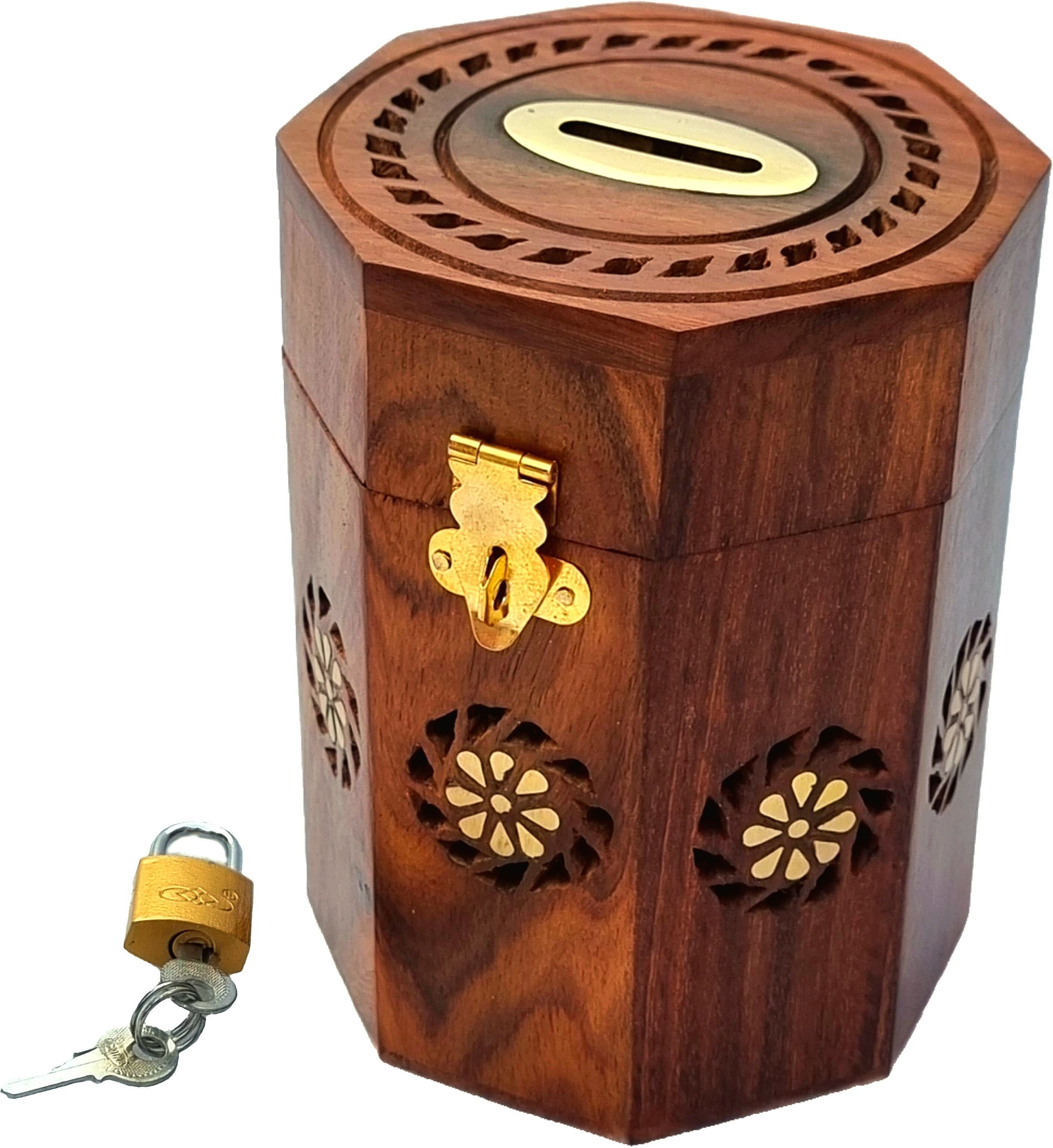 Wooden Money Bank with Lock, Hexagon shape 6X4 Inches for Kids & Adults Coin Bank
