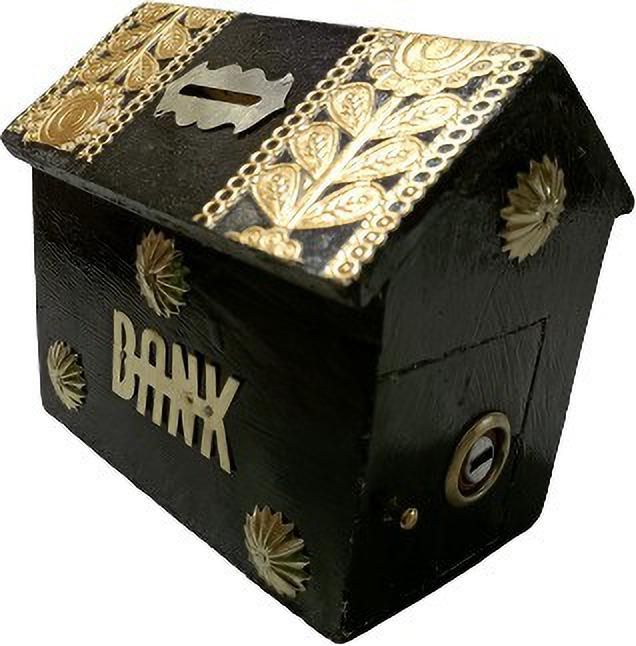 ruby perl Wooden black color hut shape money bank for kids with 2 keys-picture-18