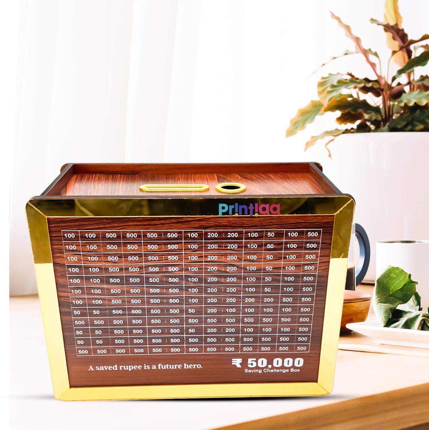 Wooden Piggy Bank L-50k | 50,000 Savings Challenge Money Box Coin Bank