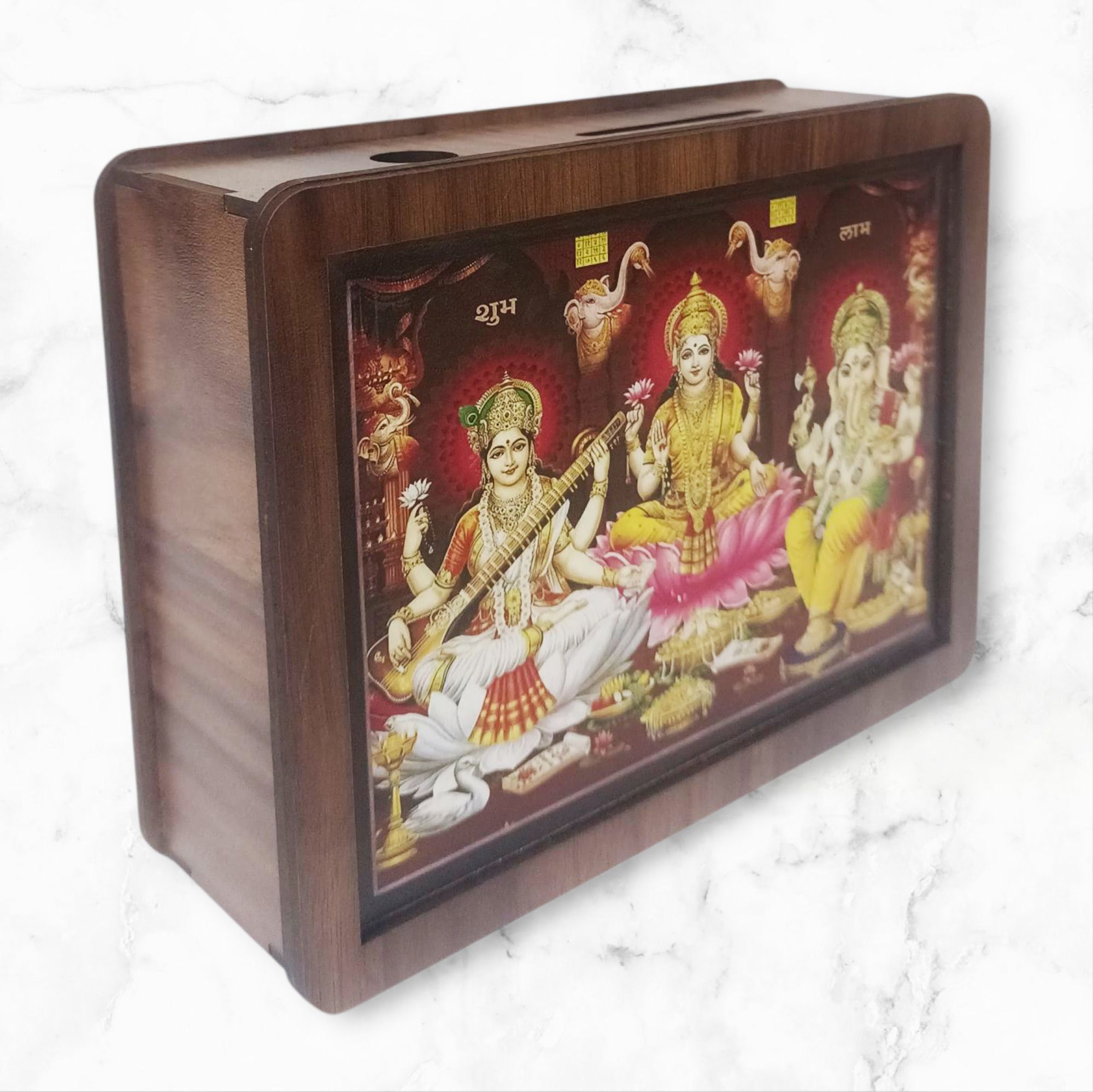 Wooden Money Bank Shubh Labh Lord Ganesh With Mata Lakshmi For 50K,10K,20K Coin Bank-image-44