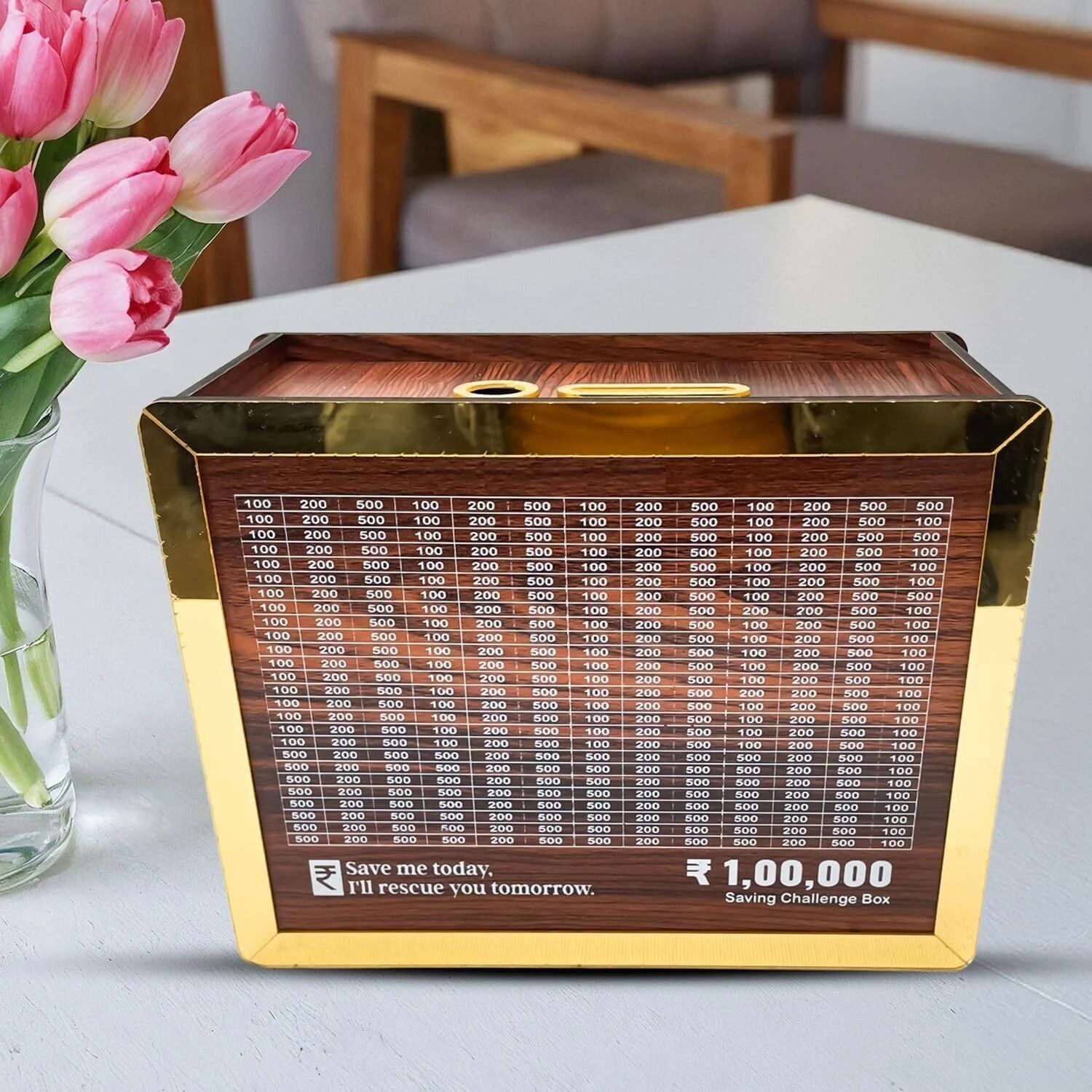 golden Wooden Money Saving Box |Counting target money box | Coin box for saving Coin Bank