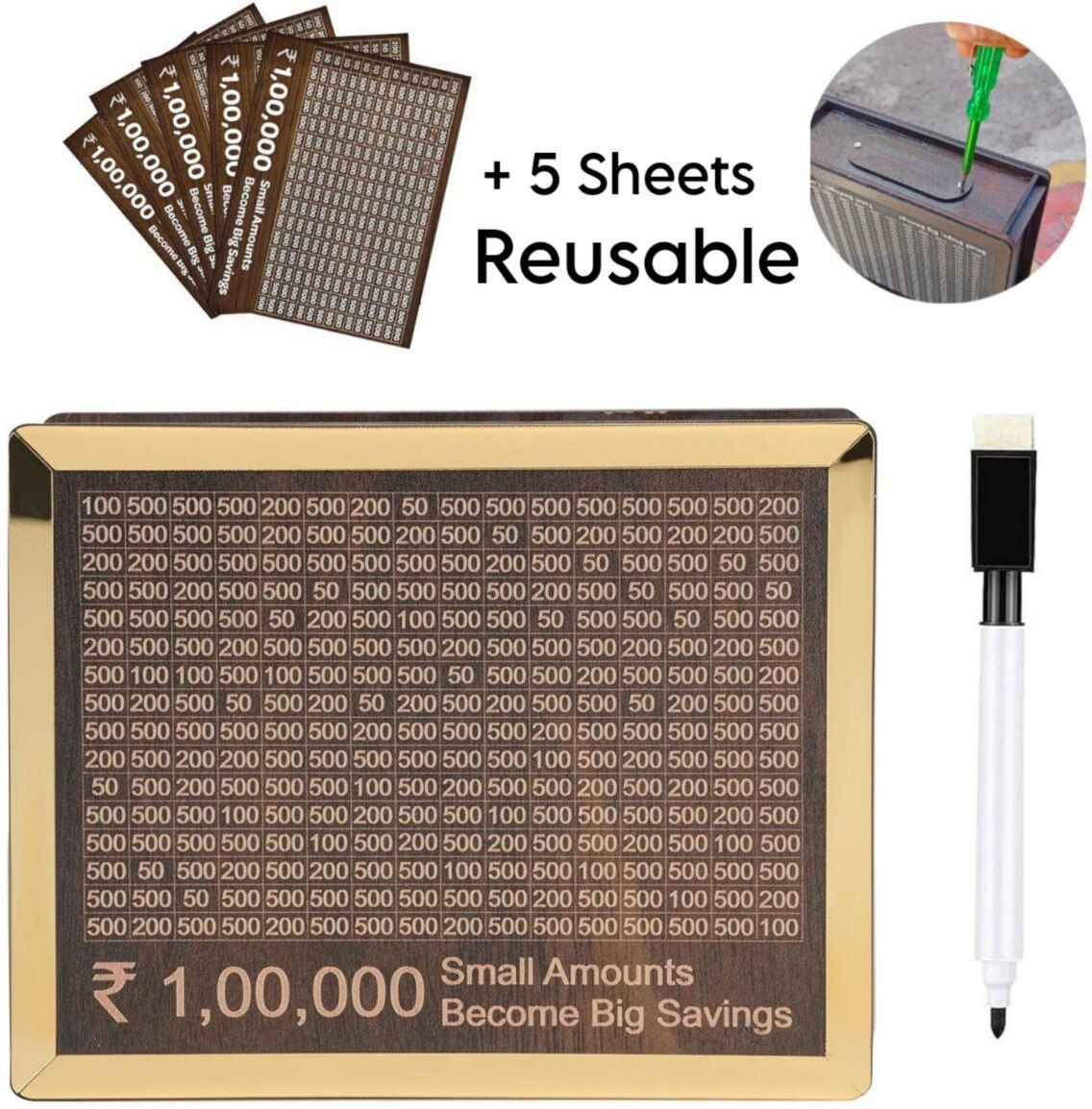 Golden Money/Piggy Bank REUSABLE +5 SHEET for Savings Challenge Box 1,00,000 Coin Bank-image-15