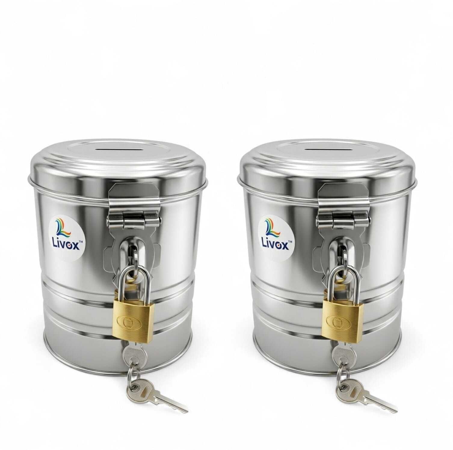 livox Pack of 2 Stainless Steel Money Saving Bank with Lock & Key | Piggy Bank Coin Bank-picture-17