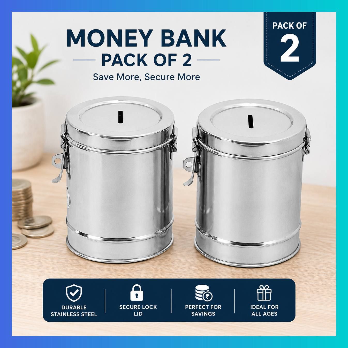 ctc Stainless Steel Money Bank Coin Saving Box without Lock | Pack of 2 Coin Bank-picture-11