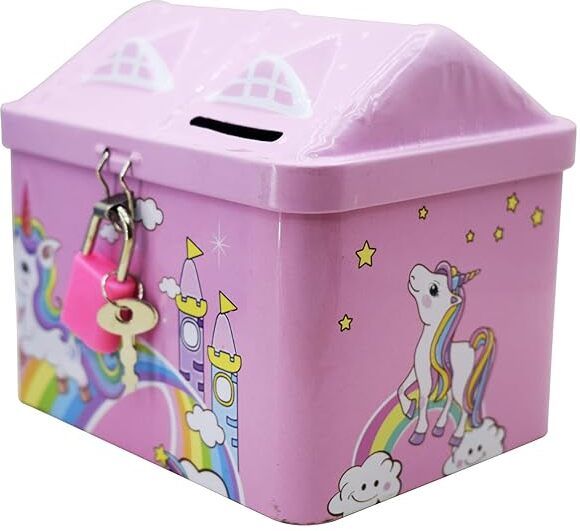 Unicorn Printed Hut-Shaped Metal Piggy Bank – Lock & Key, Pink Coin Bank-image-22