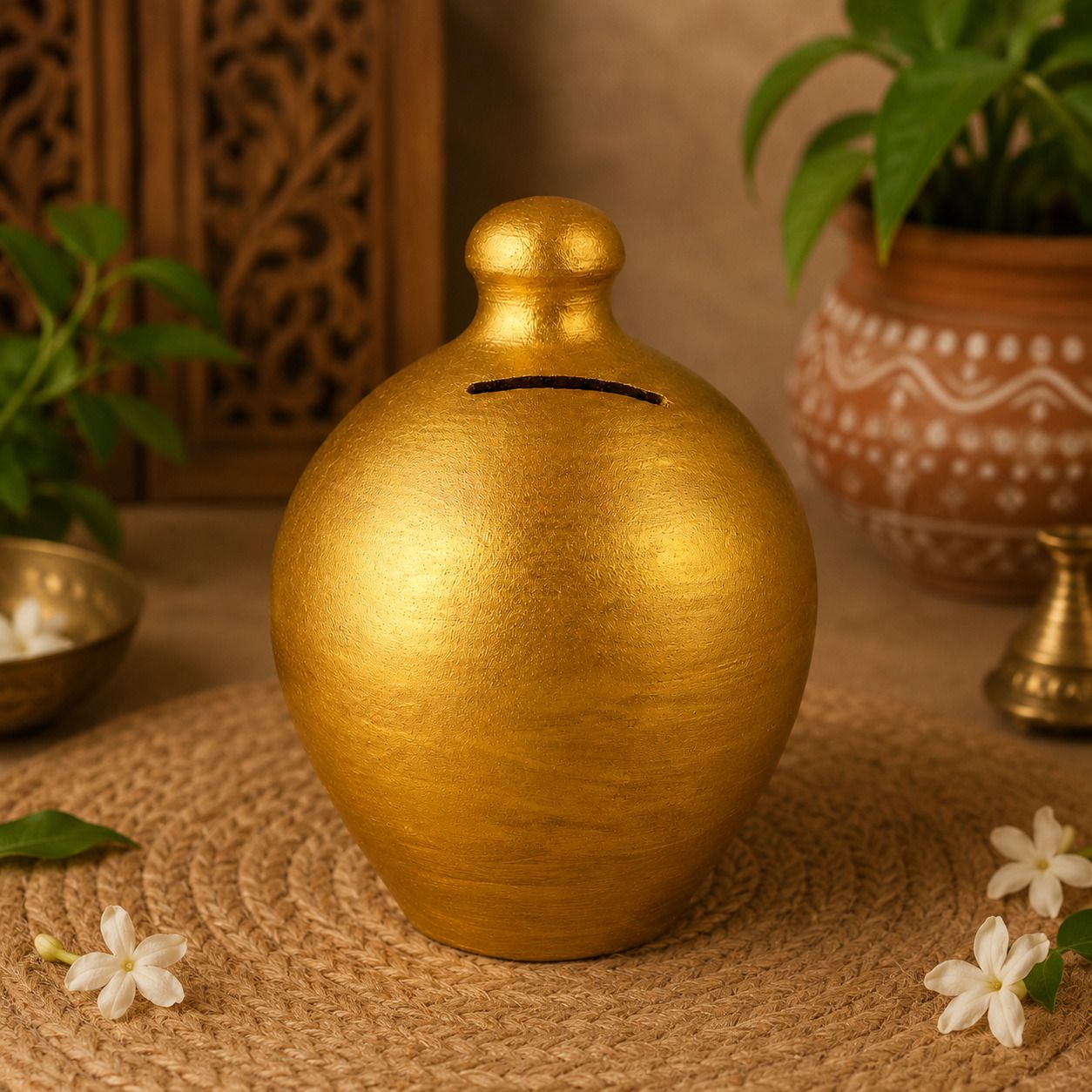 Gold Terracotta Savings Bank Handmade Decorative Gullak Coin Bank-image-36