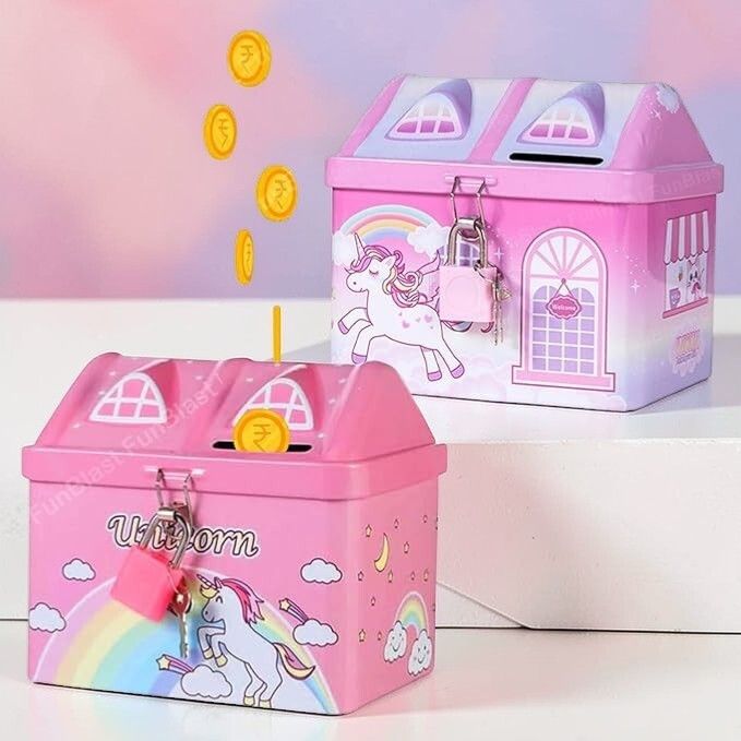 House-Shaped Unicorn Printed Metal Coin Bank with Lock & Key for Kids Pink Coin Bank-image-37