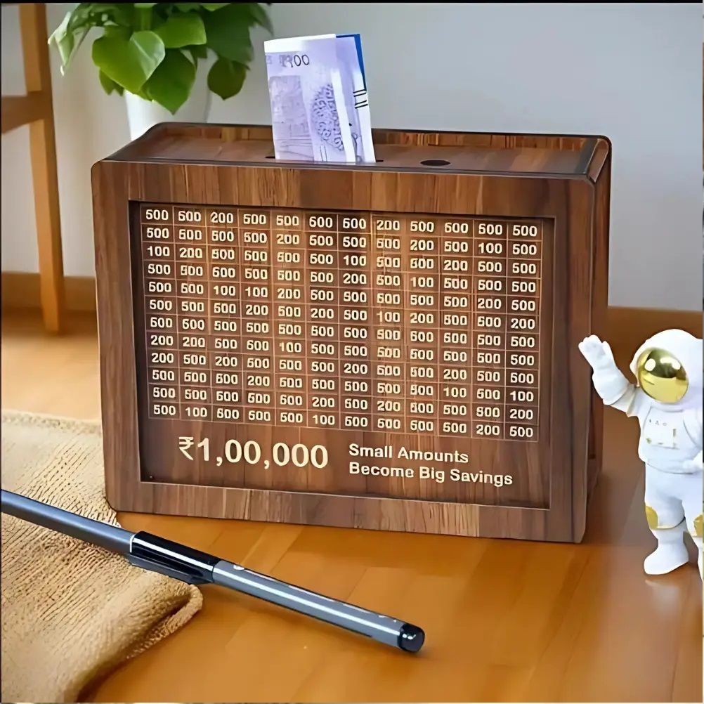Piggy Bank, Money Bank Savings Plan Wooden Money Box with Counter Rs 1,00,000 Coin Bank-image-25
