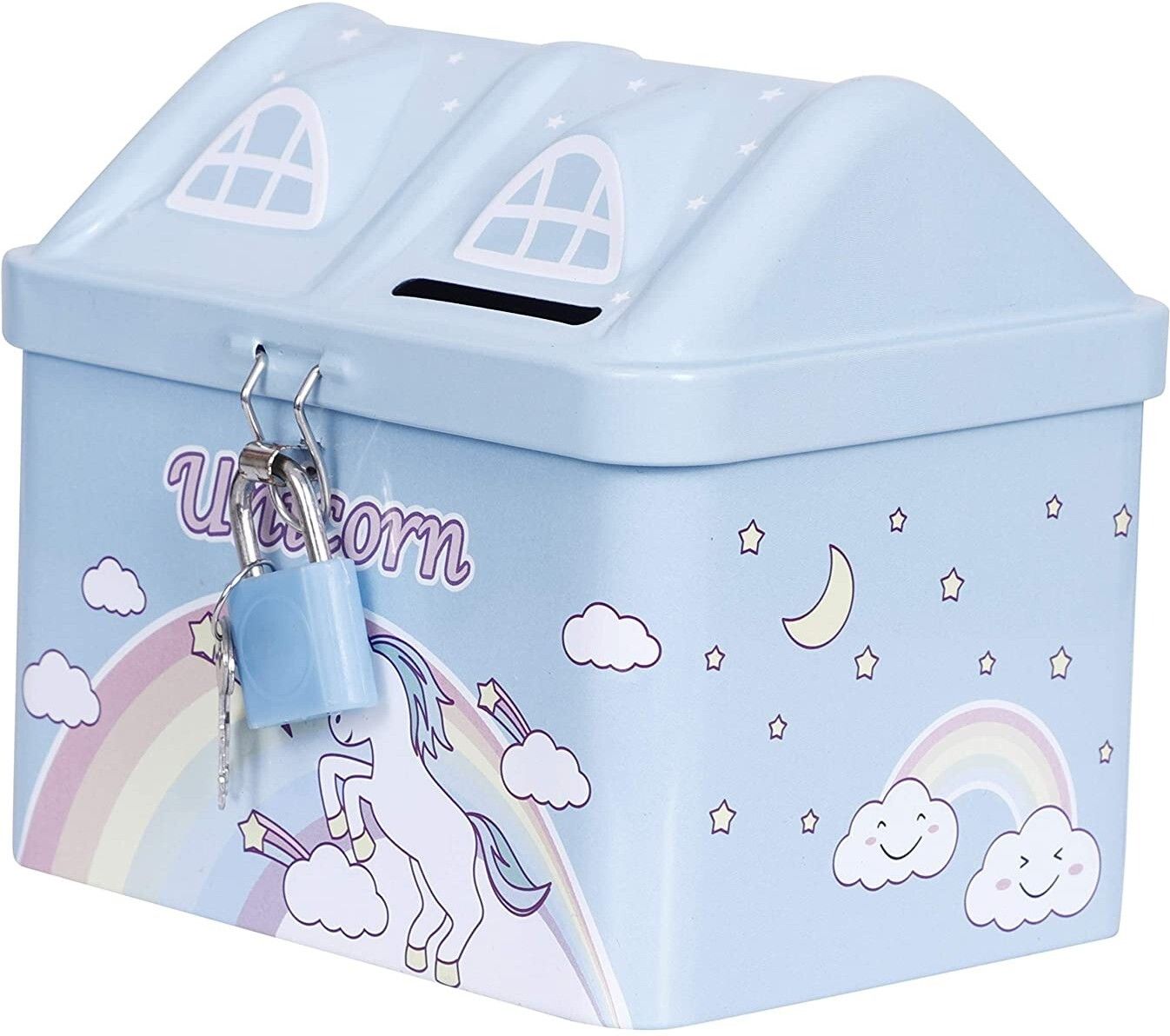 High Quality House Shape Unicorn Printed Coin Bank with Lock and Key Secure Piggy Bank For Kids Money Bank Saving Bank for Kids Girls Boys Money Safe Piggy Money Bank Best Return Gift for Kids, Money Saving Box Coin Saving Pot Kids Money Safety Bank Gullak Safety Locker Money Bank Small Saving Account for Kids learning toy so let your child learn to save money and make them learn the value of money Best Christmas,new year, birthday gift Coin Saving Box Coin Bank