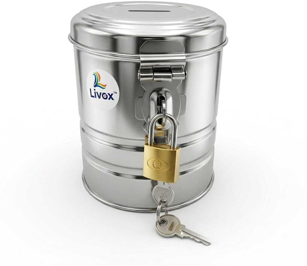 livox Stainless Steel Money Saving Piggy Bank with Lock & Key Coin Bank-picture-21