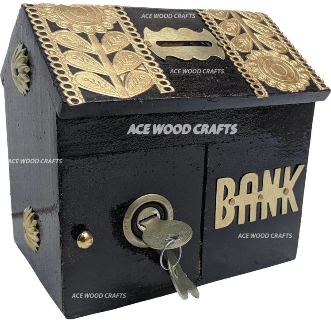 Wooden black color hut shape money bank for kids with 2 keys Coin Bank