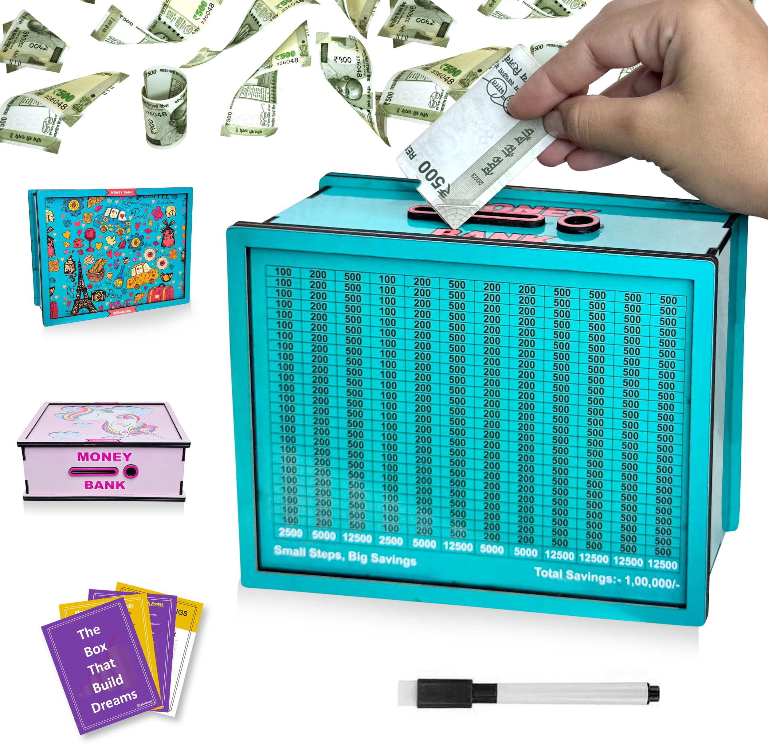 Money Saving Box for Adult 100000, Wooden with Savings Tracker (Printed Blue) Coin Bank-image-23