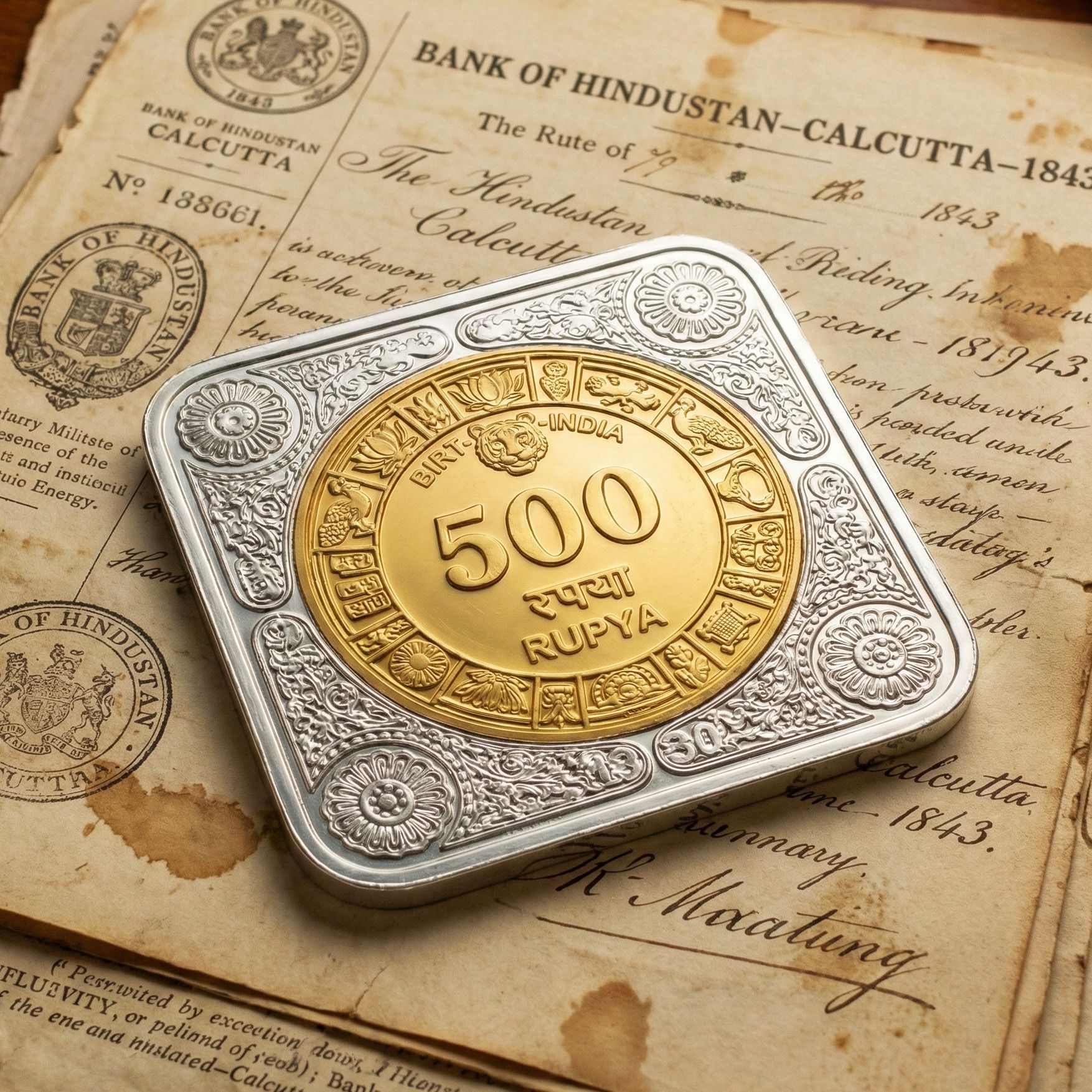 Most Demanded 500 Rupya 1843 Tiger India, Silver & Gold plated 55 Grams Coin Bar Ancient Coin Collection-image-40