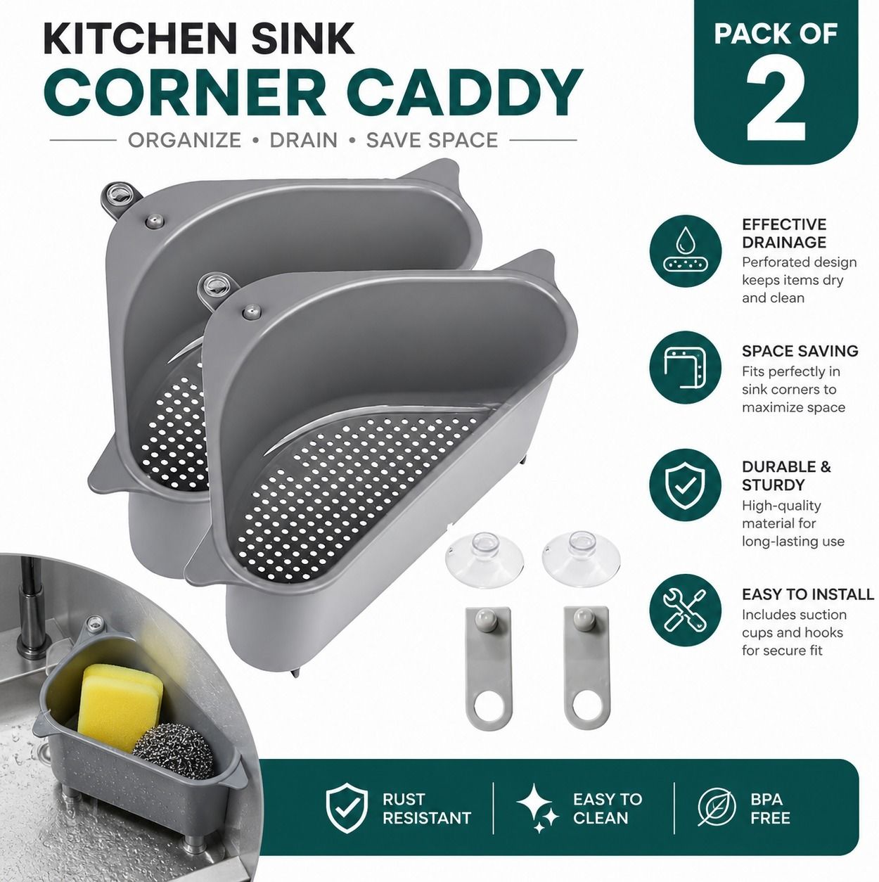 qcen 2-Piece Triangle Sink Drain Baskets with Suction Cups | Multifunctional Strainer Strainer-picture-12