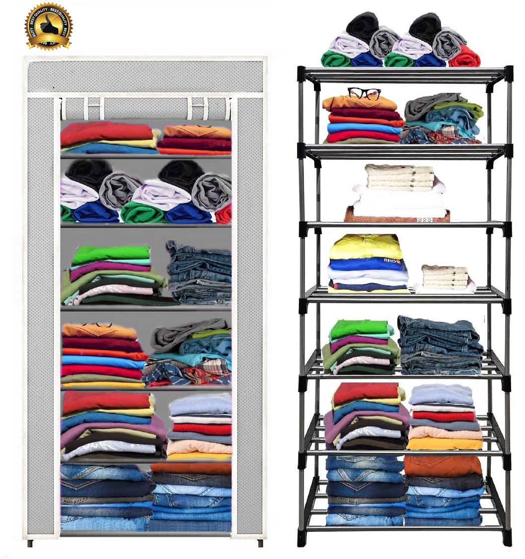 furnbolo 6 Shelf Foldable Collapsible Wardrobe Storage Organizer Almirah Cloth Rack Carbon Steel Collapsible Wardrobe-picture-12