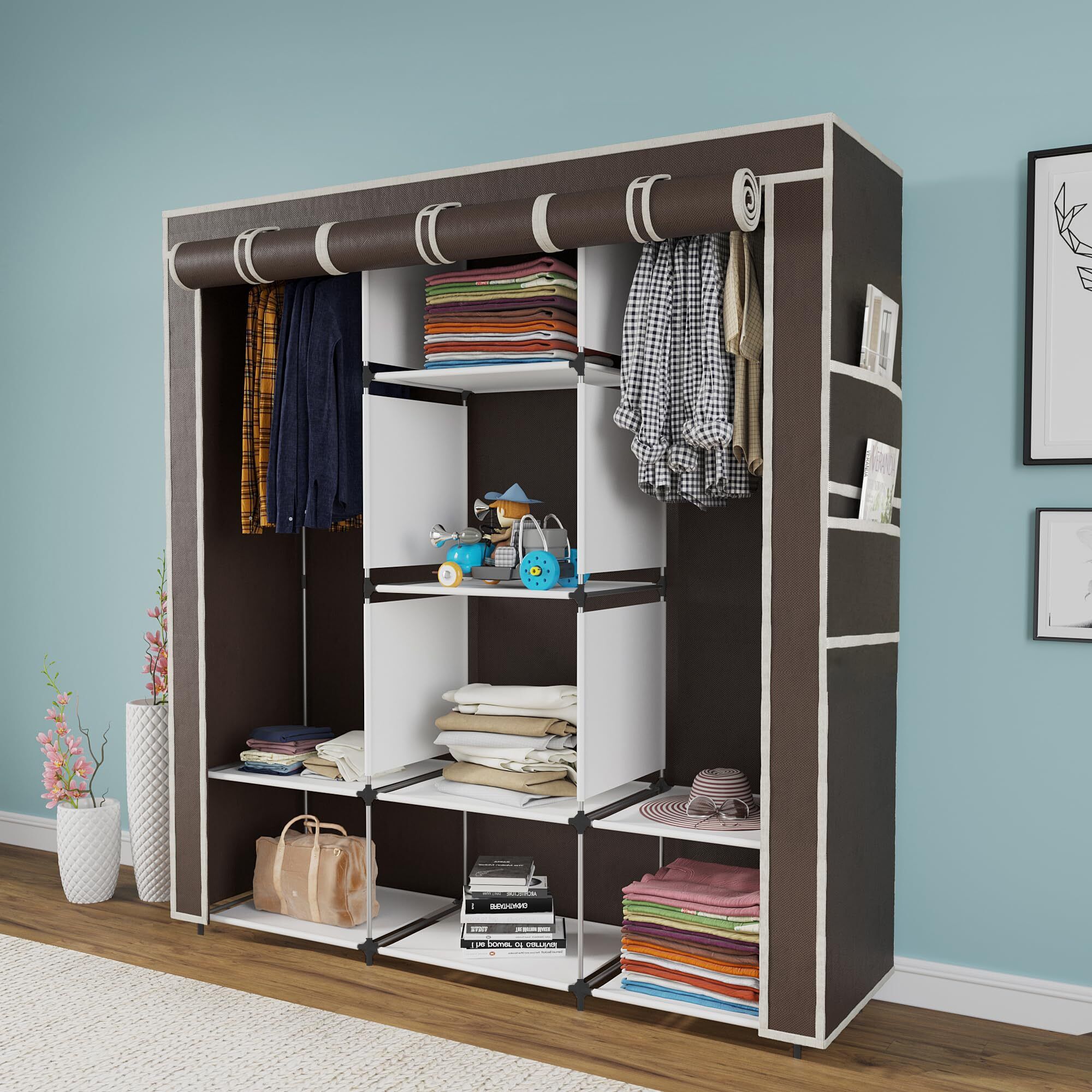 furnigully 88130 Brown Cloth Rack Storage Organizer Shelves Almirah PP Collapsible Wardrobe-picture-15