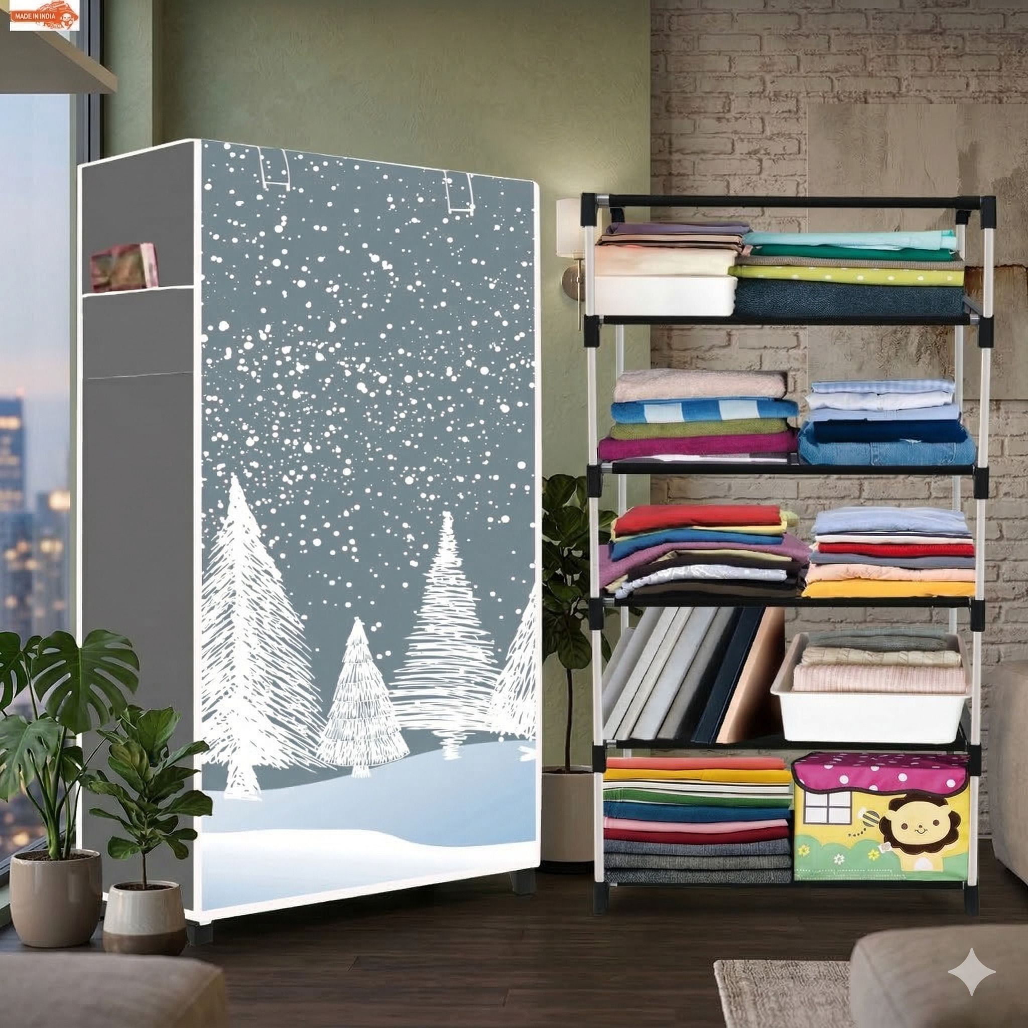 mezire 5 Shelf Foldable Collapsible Wardrobe Storage Organizer Almirah Cloth Rack PP Collapsible Wardrobe-picture-23