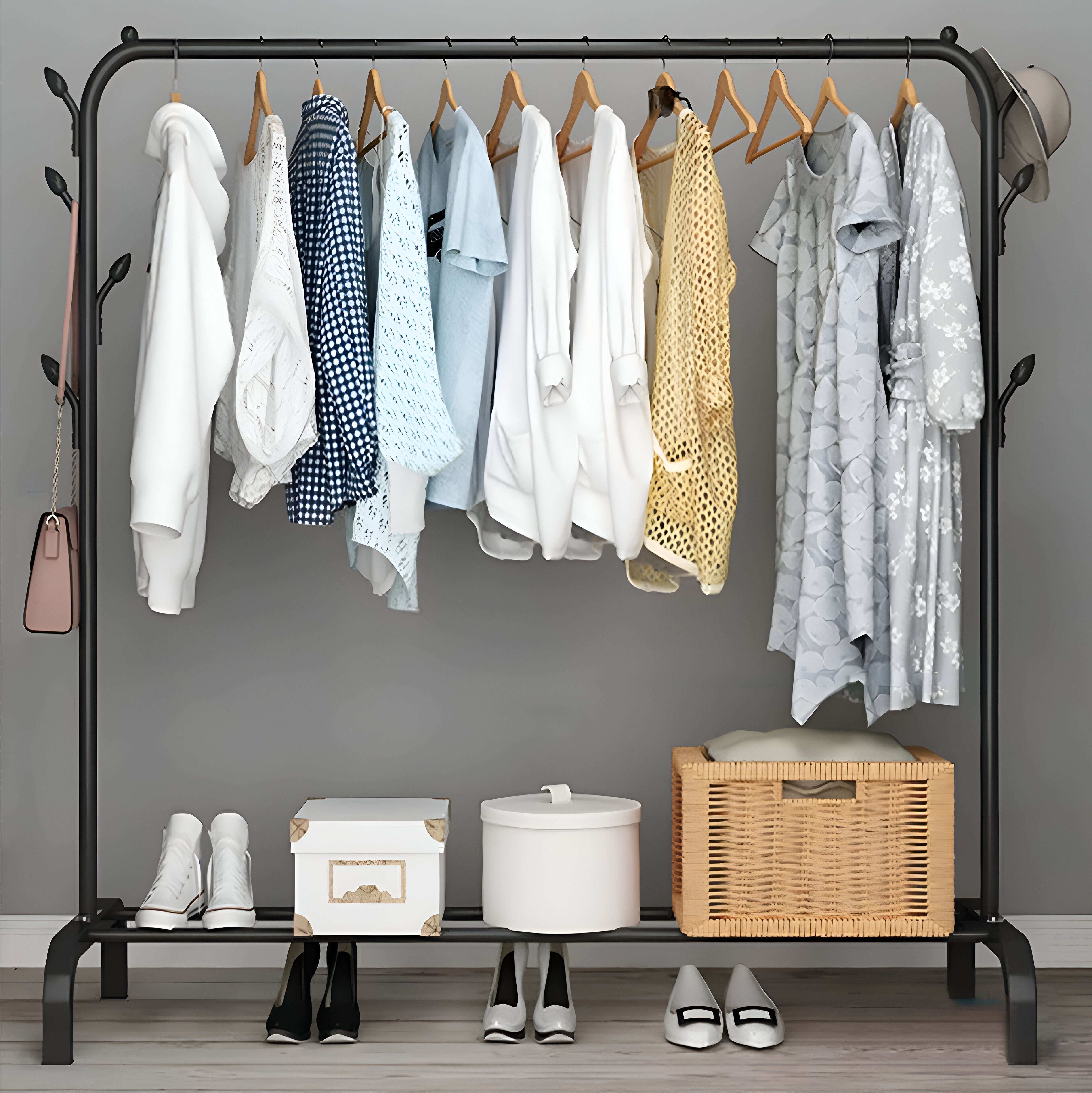 tlk-hwb Heavy Duty Carbon Steel Freestanding Garment Rack with Shoe Shelf for Bedroom Carbon Steel Collapsible Wardrobe-picture-22