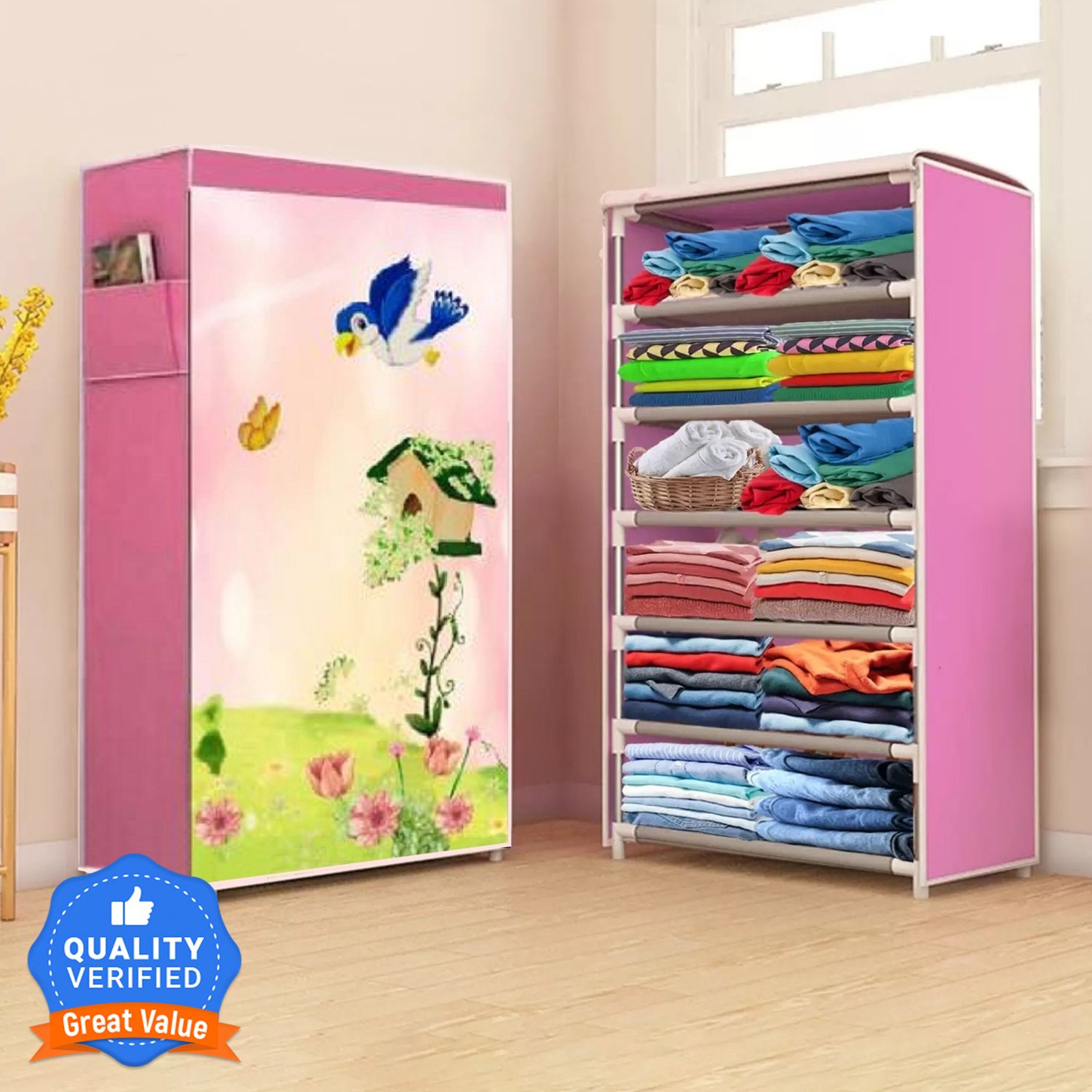 6 layer Pink wardrobe tree house Carbon Steel Collapsible Wardrobe-image-31