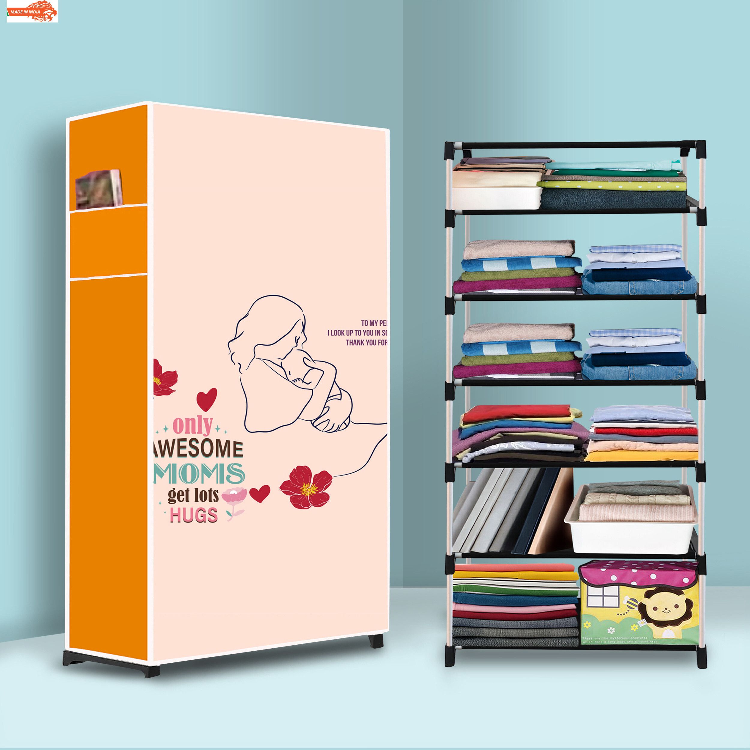 mezire 6 Shelf Foldable Collapsible Wardrobe Storage Organizer Almirah Cloth Rack PVC Collapsible Wardrobe-picture-18