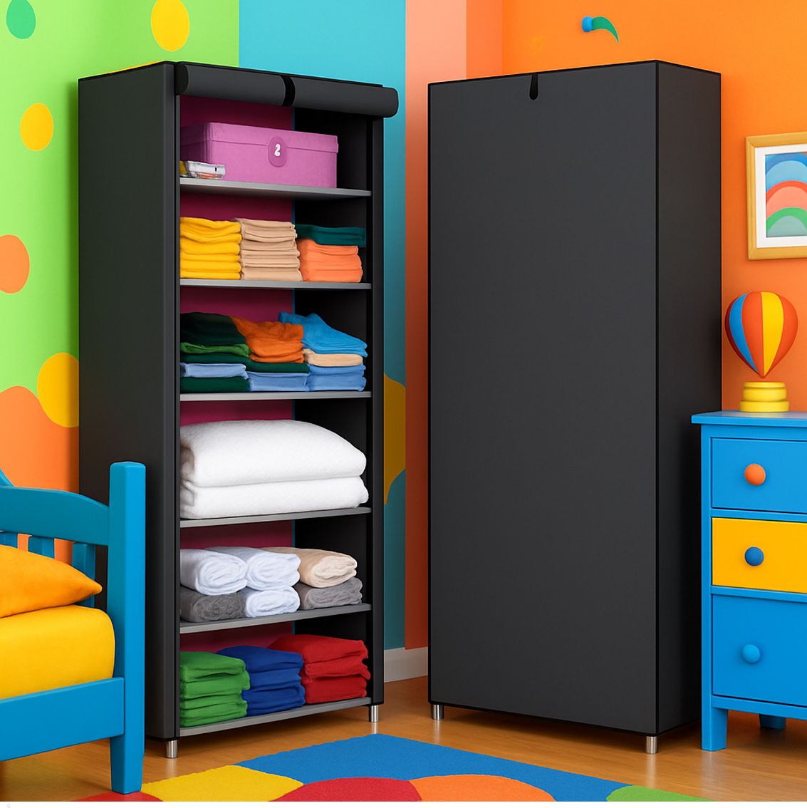 saintwod 6 Shelf Foldable Collapsible Wardrobe Storage Organizer Almirah Cloth Rack PVC Collapsible Wardrobe-picture-11