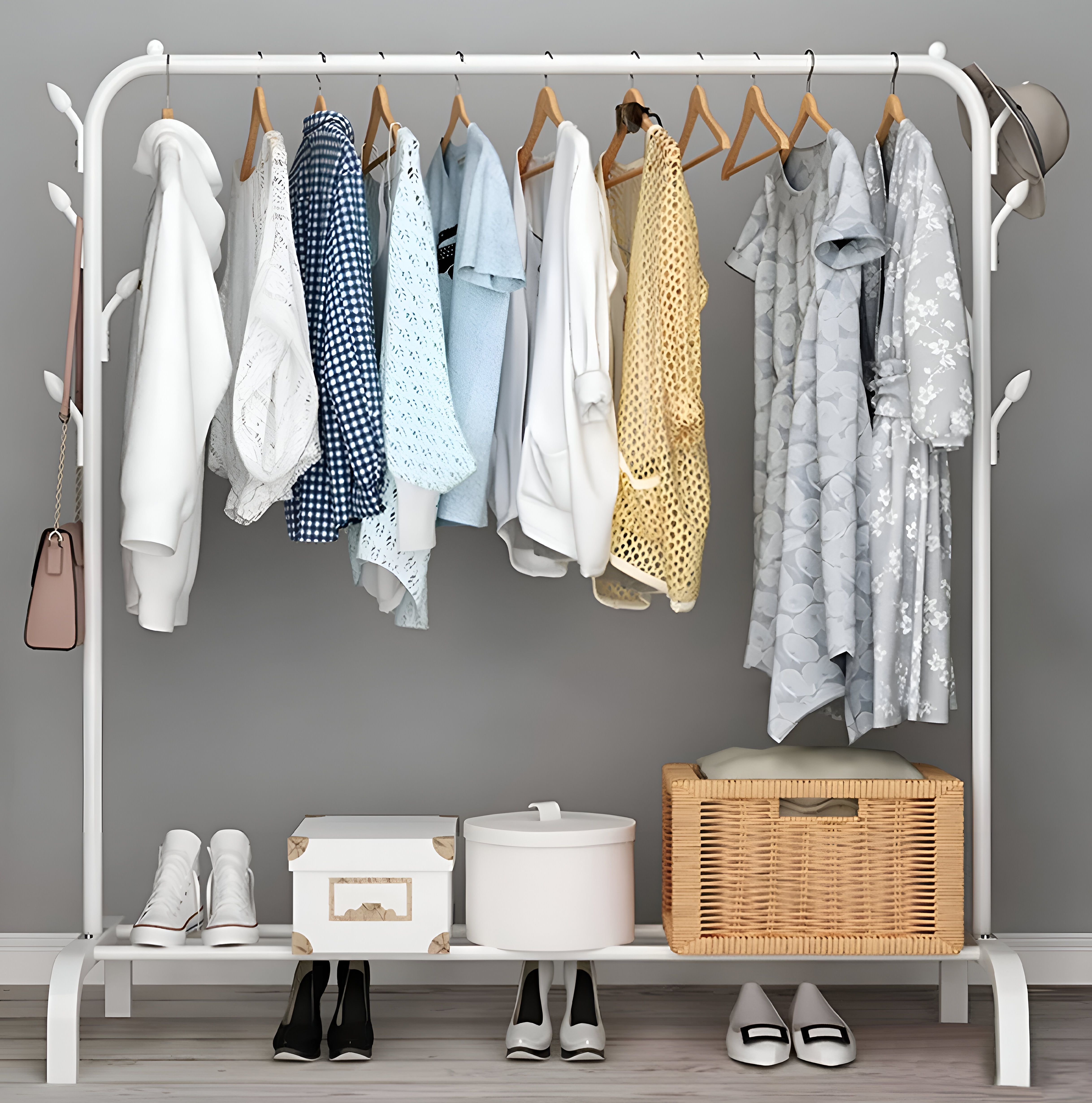 tlk-hwb Heavy Duty Carbon Steel Freestanding Garment Rack with Shoe Shelf for Bedroom Carbon Steel Collapsible Wardrobe-picture-15
