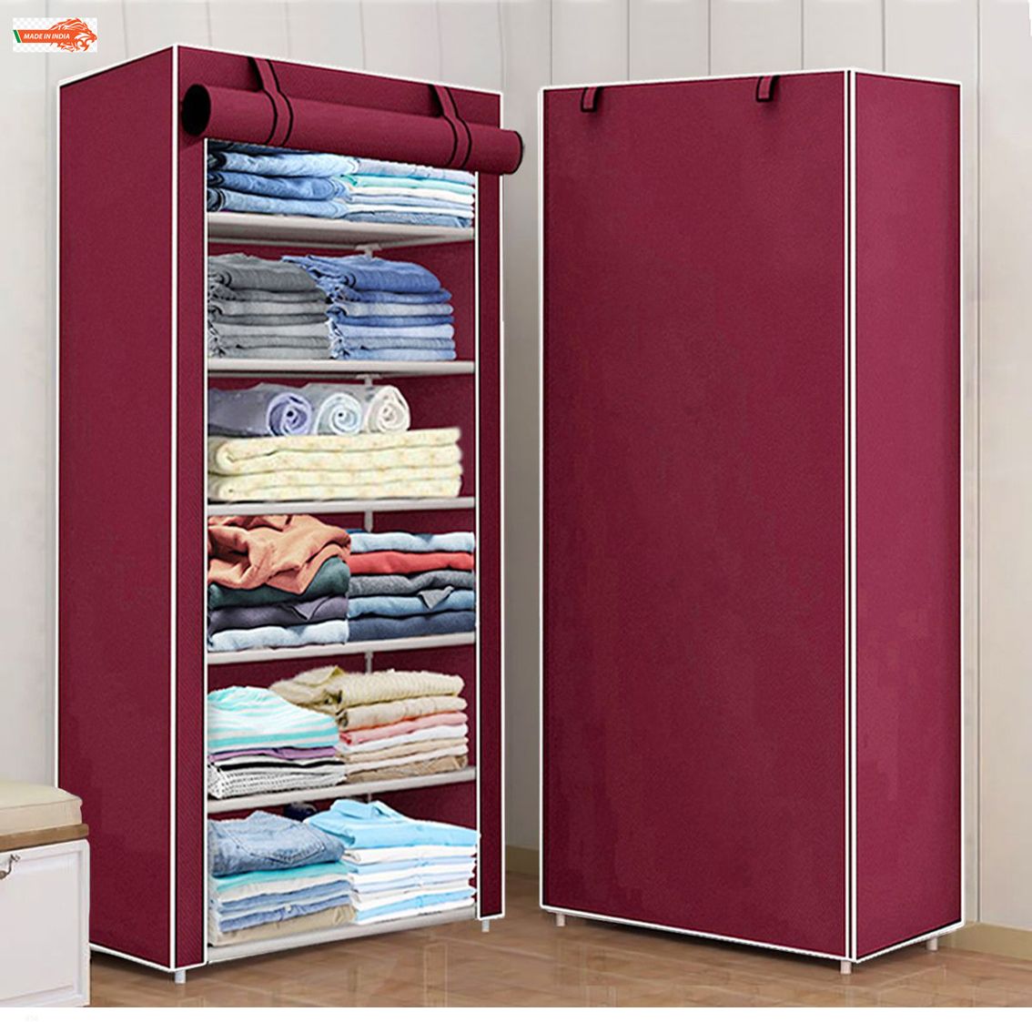 6 Shelf Foldable Collapsible Wardrobe Storage Organizer Almirah Cloth Rack PVC Collapsible Wardrobe-image-47