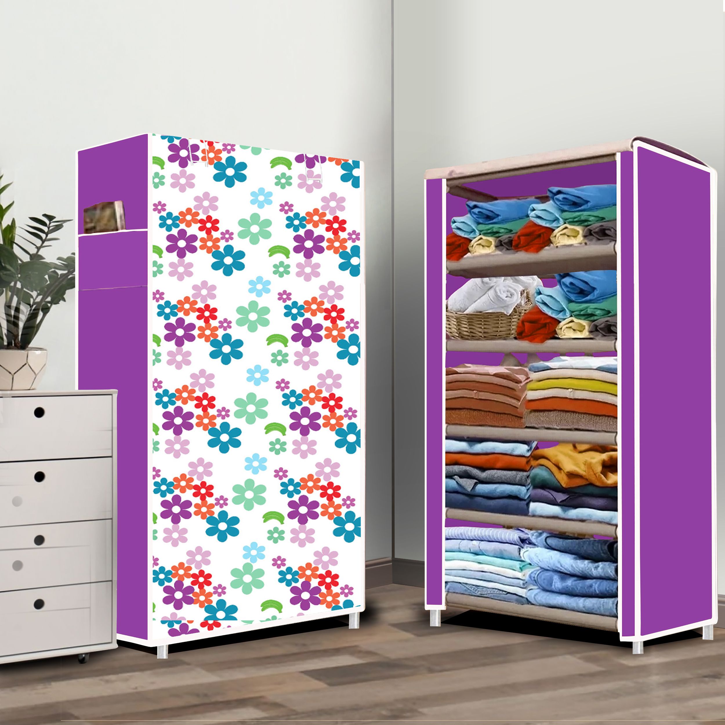 5 Tire Mini Flower Print PVC Collapsible Wardrobe-image-13