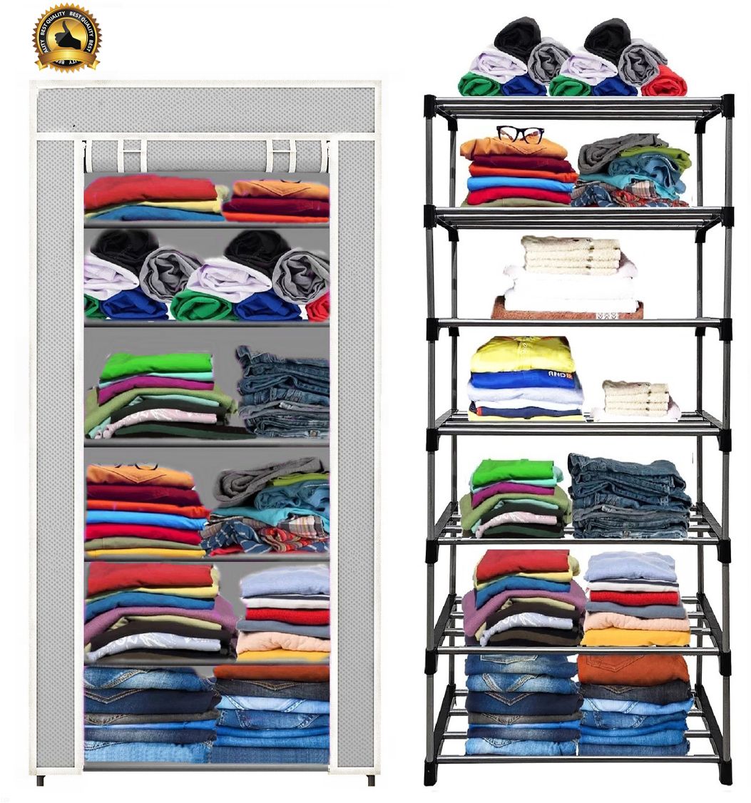 furnbolo 6 Shelf Foldable Collapsible Wardrobe Storage Organizer Almirah Cloth Rack Carbon Steel Collapsible Wardrobe-picture-22