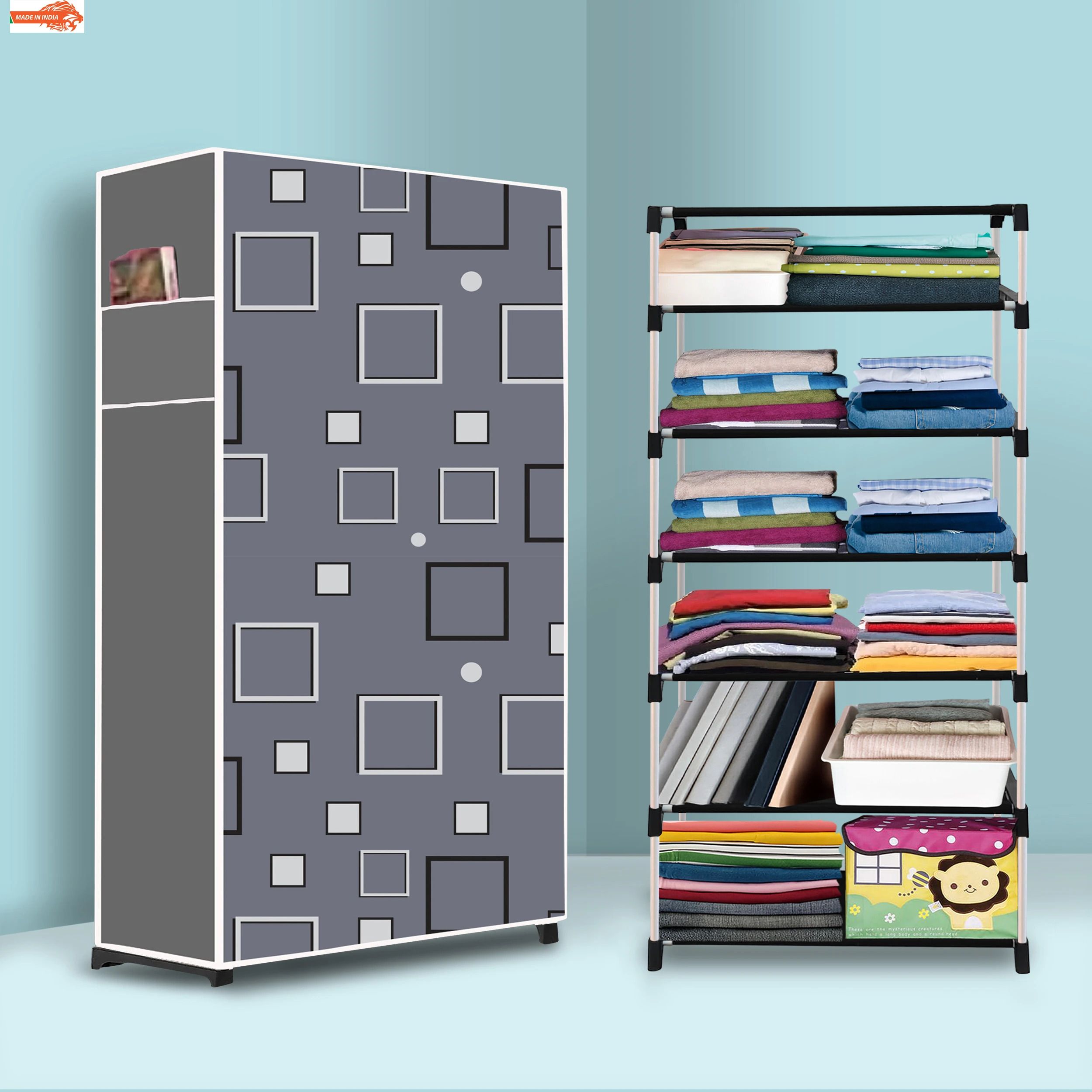 6 Shelf Foldable Collapsible Wardrobe Storage Organizer Almirah Cloth Rack PP Collapsible Wardrobe-image-4