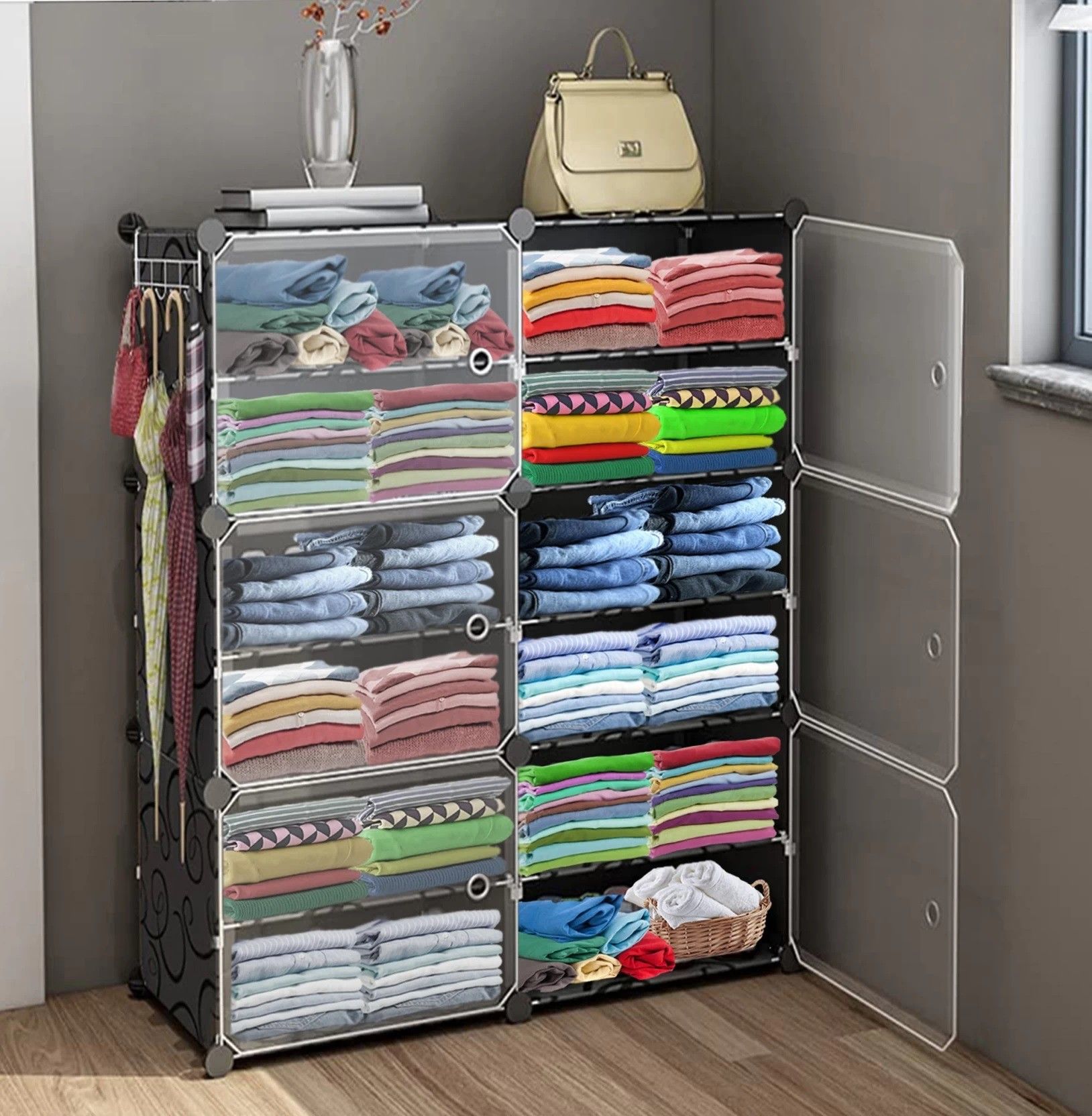 ozoy 12-Shelves-6-Door Shoe, Multipurpose Storage Rack for Home Bedroom Living Room PP Collapsible Wardrobe-picture-20