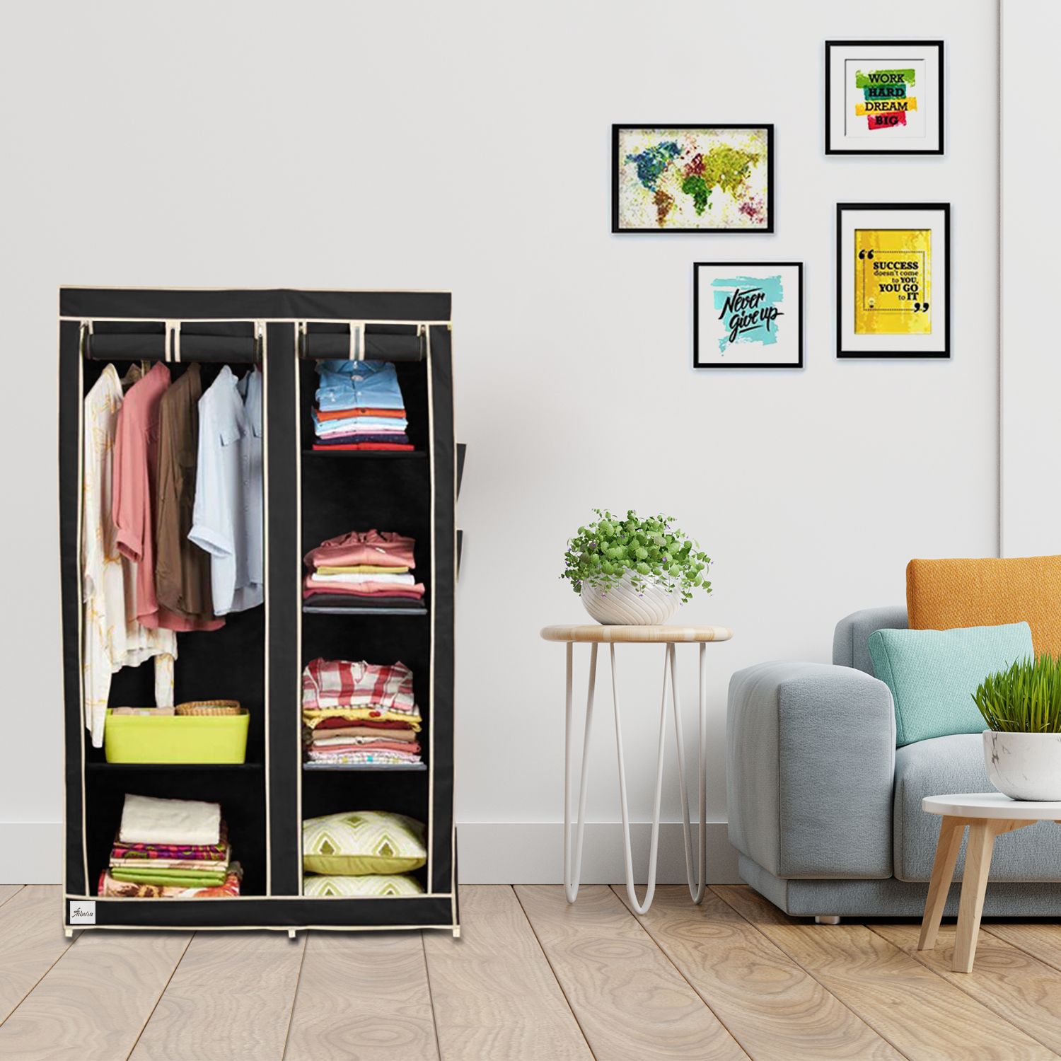 2 Flaps With Hanger & 6 Shelf PP Collapsible Wardrobe-image-26