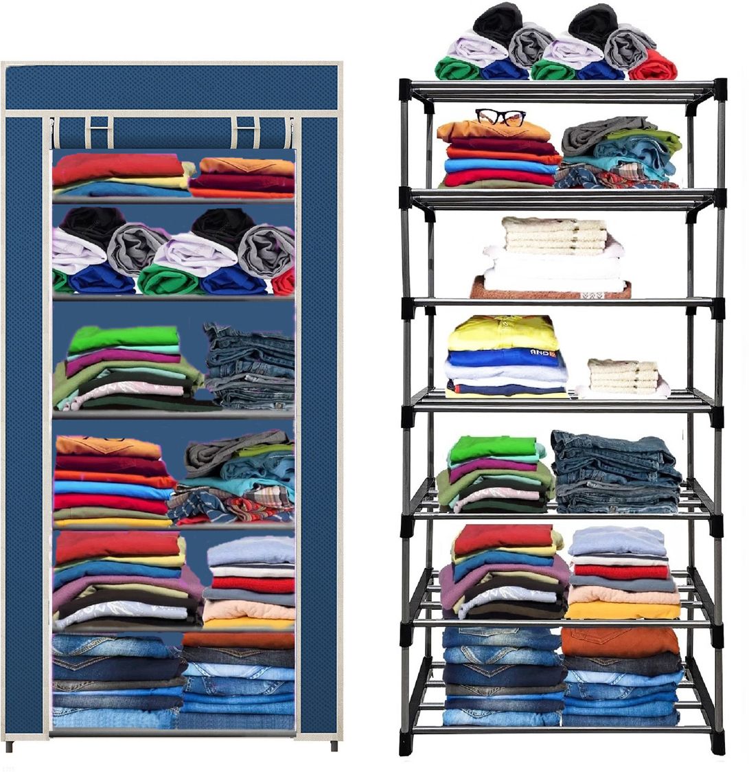 6 Shelf Foldable Collapsible Wardrobe Storage Organizer Almirah Cloth Rack Carbon Steel Collapsible Wardrobe-image-12