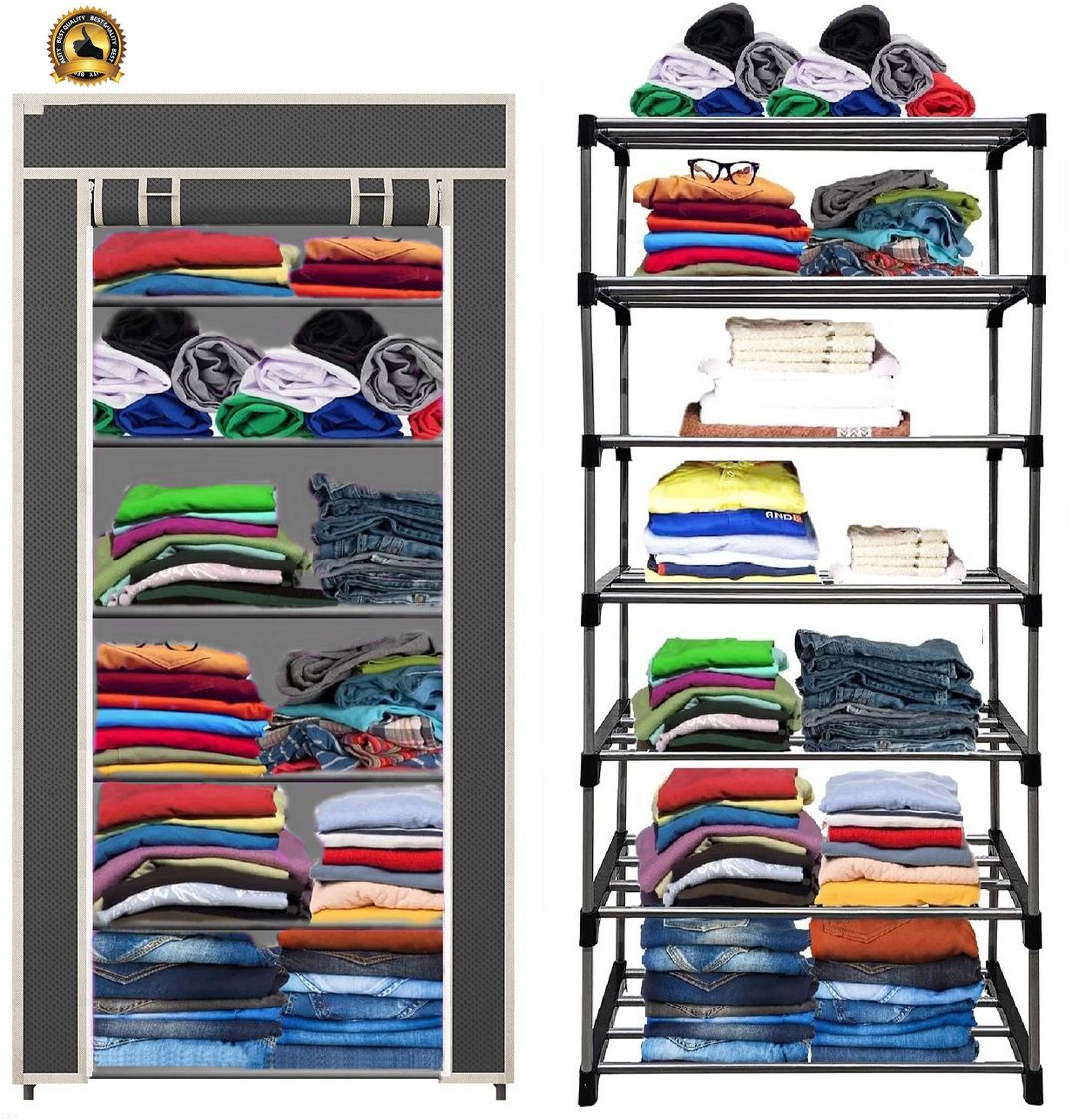 6 Shelf Foldable Collapsible Wardrobe Storage Organizer Almirah Cloth Rack Carbon Steel Collapsible Wardrobe-image-27