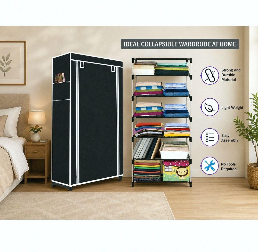saintwod FoldEase 6 Shelf Foldable Wardrobe Storage Organizer Cloth Rack PVC Collapsible Wardrobe-picture-3