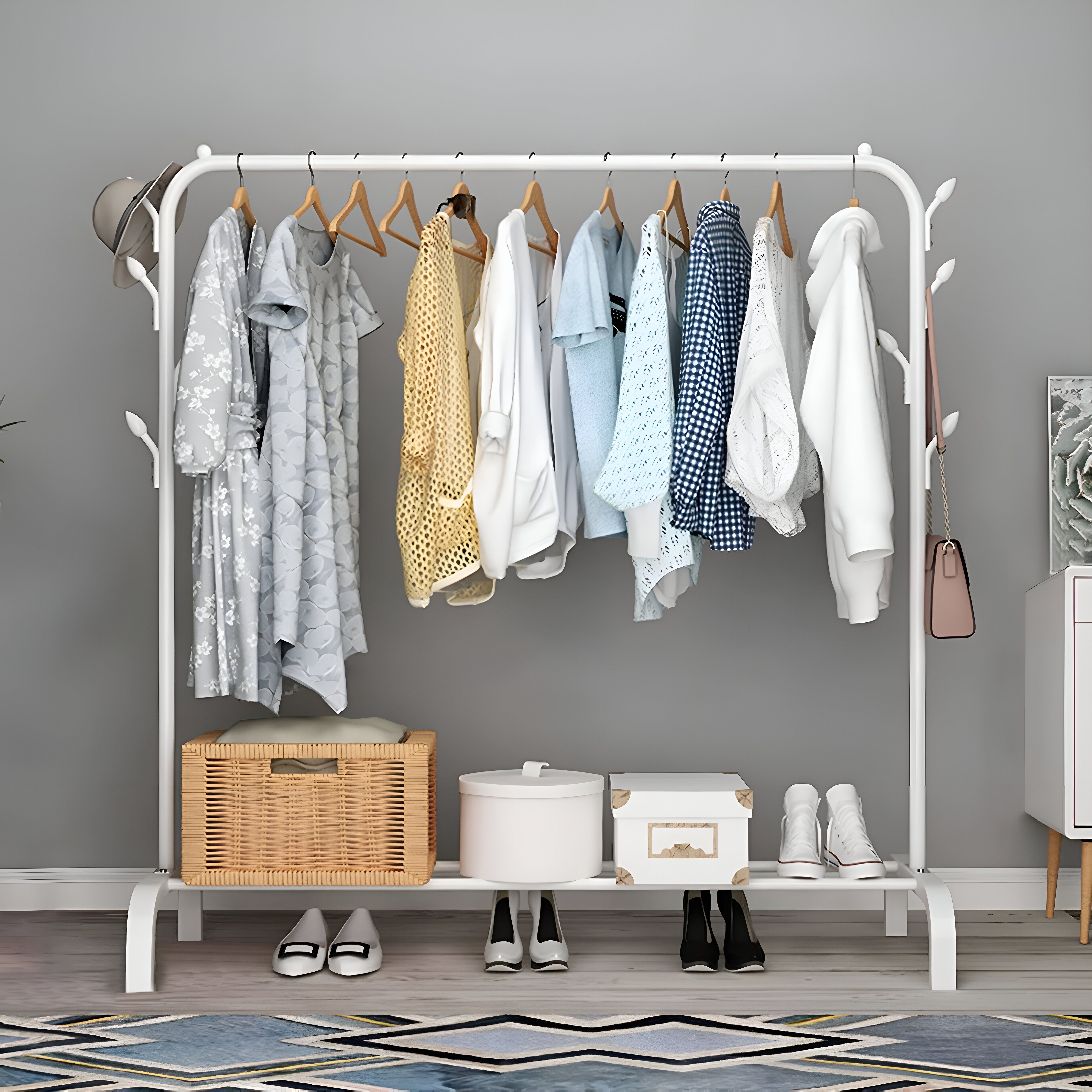Metal Multi functional Heavy-Duty Garment Stand Cloth Rack Freestanding Storage Carbon Steel Collapsible Wardrobe-image-26