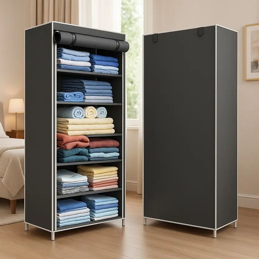 6 Tire Foldable Collapsible Wardrobe Storage Organizer Almirah Cloth & Shoe Rack PVC Collapsible Wardrobe-image-44