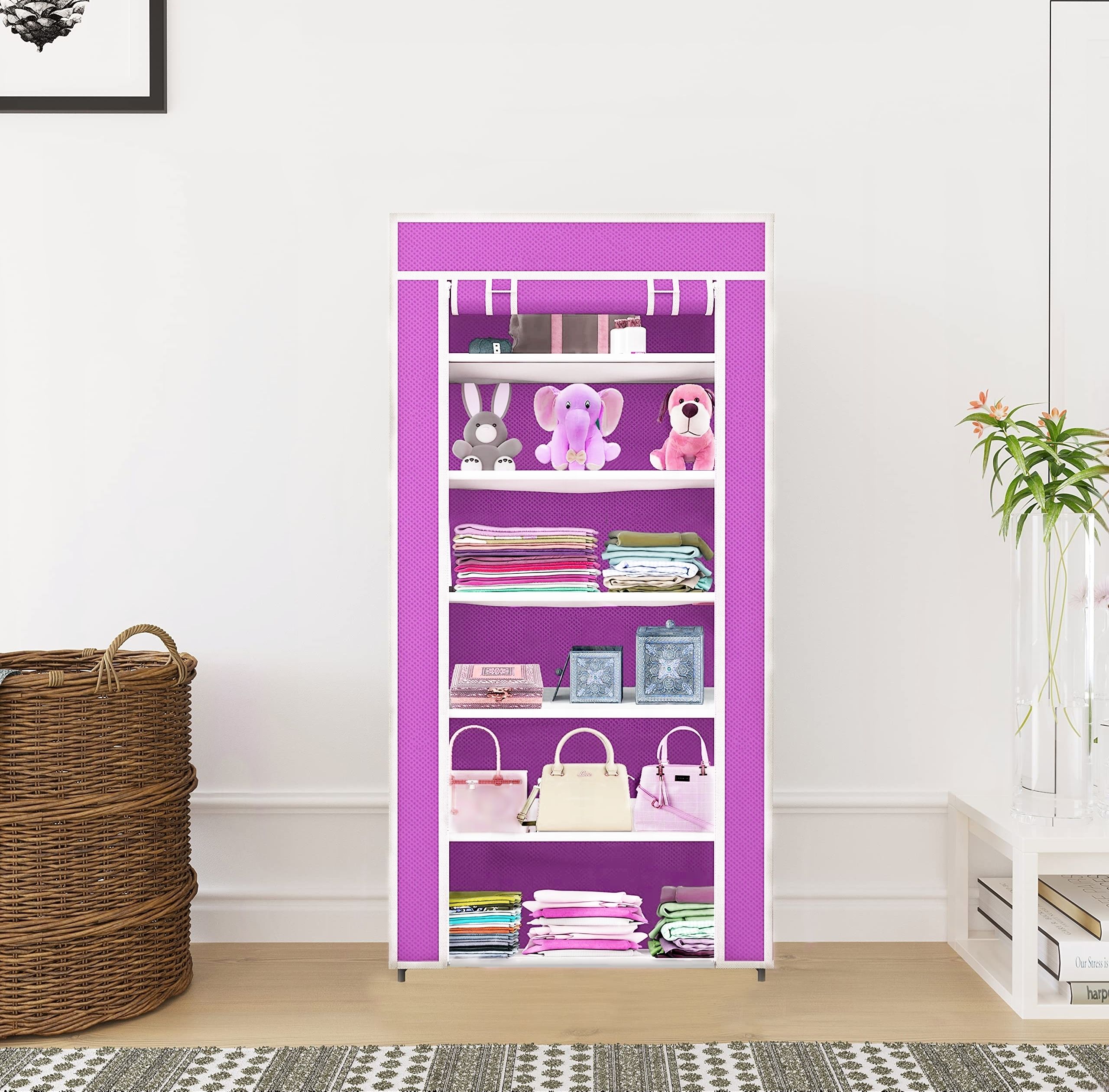 Portable wardrobe 6 layer PVC RACK Pink PVC Collapsible Wardrobe-image-43