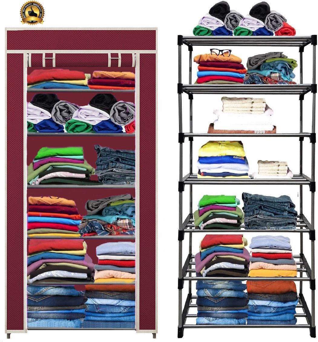 saintwod 6 Shelf Foldable Collapsible Wardrobe Storage Organizer Almirah Cloth Rack Carbon Steel Collapsible Wardrobe-picture-20