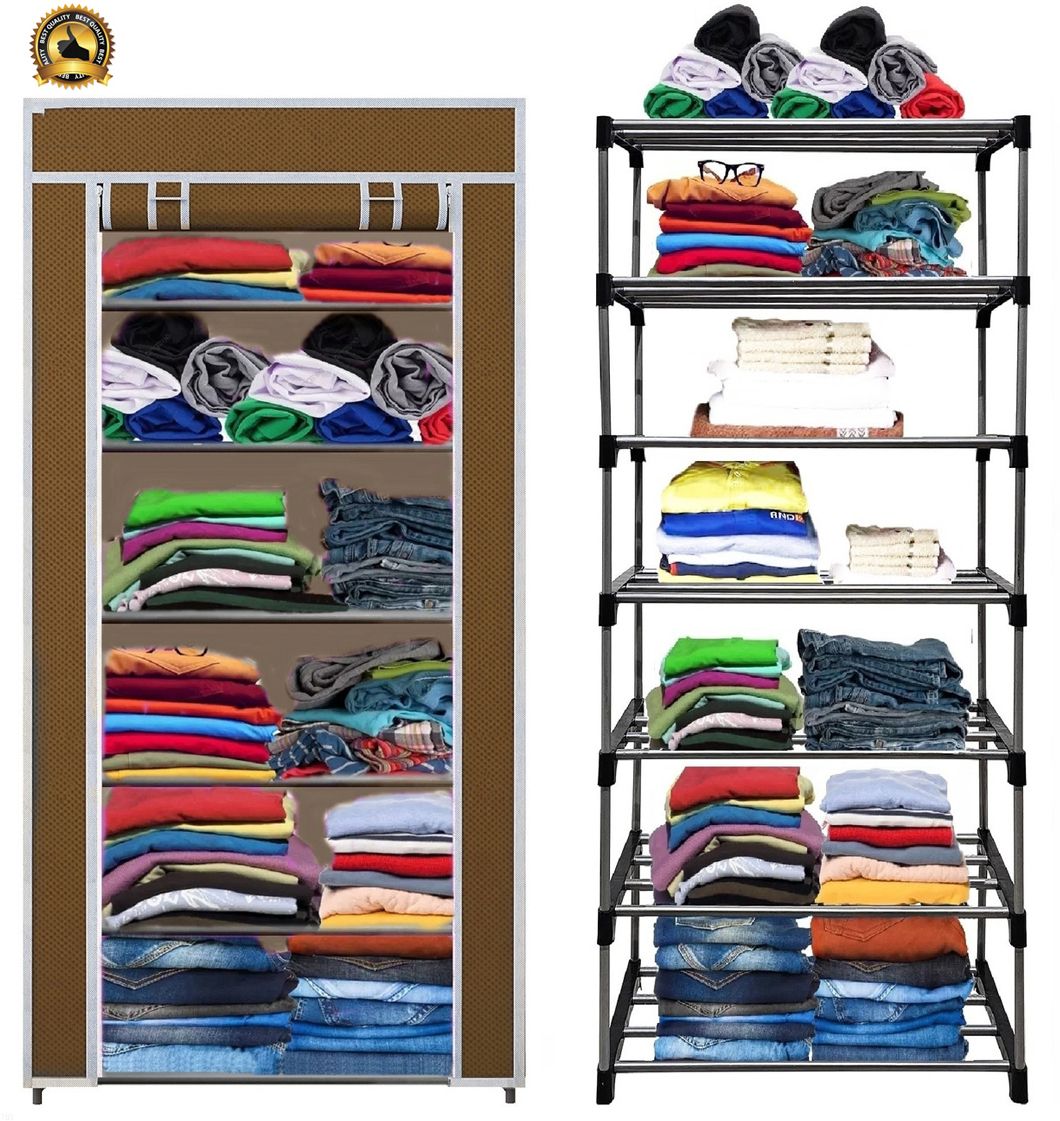 furnbolo 6 Shelf Foldable Collapsible Wardrobe Storage Organizer Almirah Cloth Rack Carbon Steel Collapsible Wardrobe-picture-14